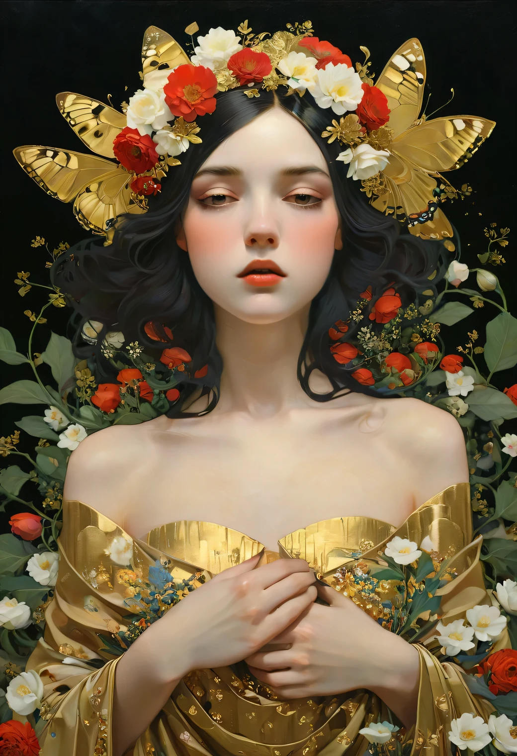a painting of a woman with a flower crown on her head, flower goddess, woman in flowers, she has a crown of flowers, a goddess in a field of flowers, covered with flowers, mucha klimt and tom bagshaw, girl in flowers, persephone in spring, flower queen, goddess of spring, jinyoung shin art, female portrait with flowers, RAW photo of (adult:1.3),a  female burst of tangy crimson cascades,entwining magic and technology with viscous allure disappears into the shadows,in a neo-expressionist masterpiece of gold embrace,topless,small breasts,hair between eyes,(skinny, thin body:0.4),(chiaroscuro:1.3),(octane render masterpiece,masterpiece scale,beautiful depth of field,ultra wide field,ultra detailed CG perspective,ultra dynamic lighting amazing shadows,dramatic lighting), Convey the sense of inner strength and confidence. Introduce a gentle, atmospheric haze in the environment, creating a soft diffusion of light and giving the impression of gold aura and presence.