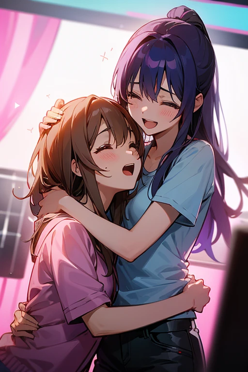 Cute two girls with skirt belly punch in the corner of the ring,((masterpiece)),long hair,beautiful white skin、 ((charming))、happy smile、perfect proportions、(((Kickboxing)))、(((Mixed wrestling))), cute woman, baby face, BREAK source_anime, high detail, looking at viewer,POV, large chest, best quality, highly detailed, young face, white background,Droopy eyes,relaxed face,attacking girls,frilly skirt,heart hair ornament,Fist,hand, punch