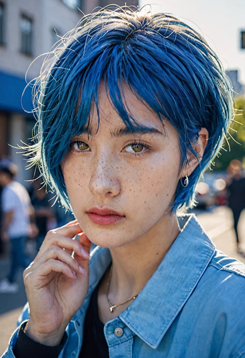 Very short blue hair。Best Anamorphic Lens Photography 50mm Lens Freckled Woman Close-up。In the background, the morning sun shines on her hair.、background is blurry。Hip-hop fashion。fashionable。NIKE sneakers。The whole body is visible。