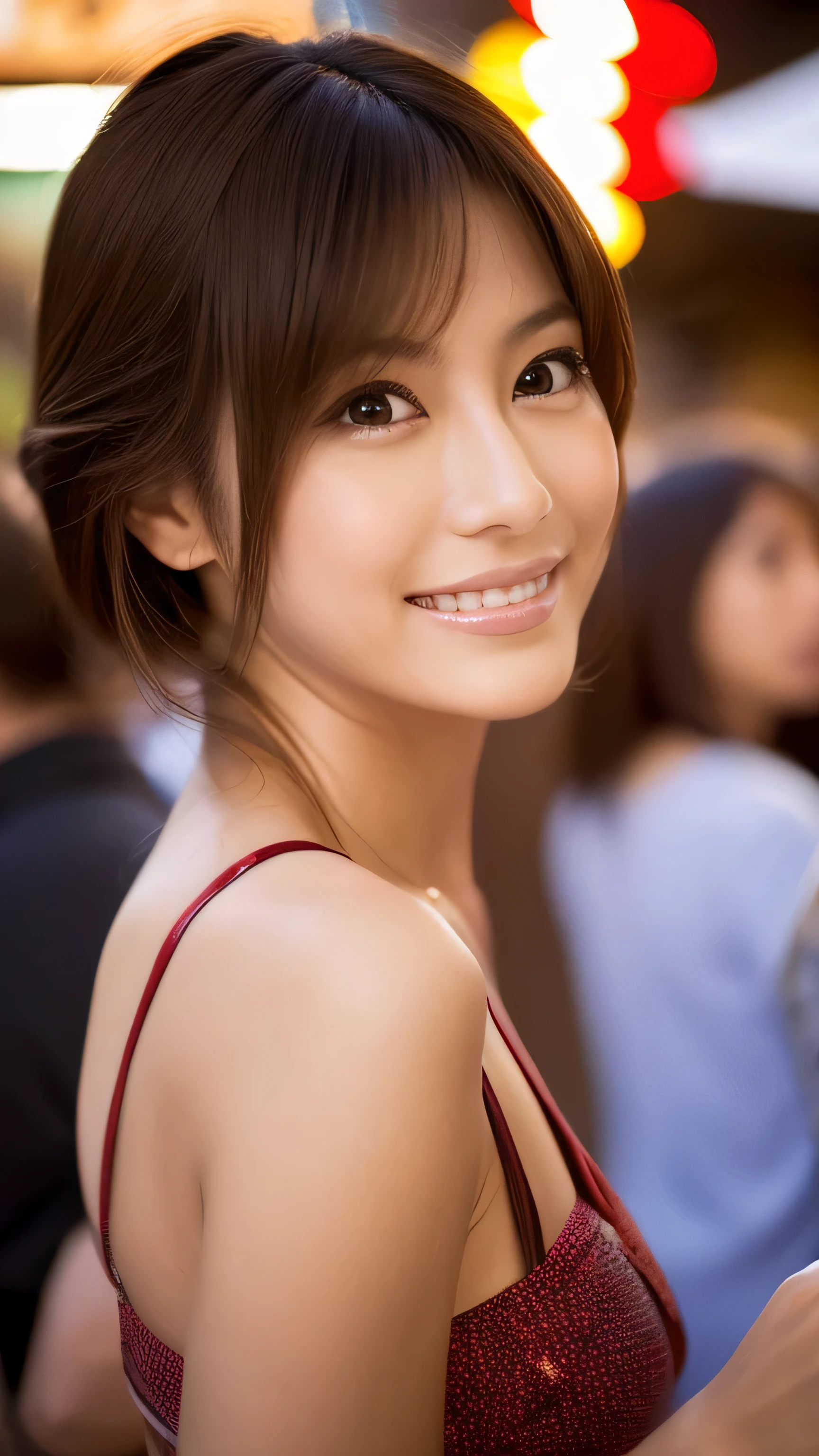 Movie-like dynamic photos,(Ultra realistic, High resolution), (highly detailed eyes, highly detailed hair, highly detailed face, Highly detailed plump lips,perfect anatomy),(highest quality:1.4), Raw photo, (realistic, photo-realistic:1.37), professional photography, cinematic light, (detailed face: 1.2),look at the audience, brunette woman,slim,(beautiful leg line )(((standing posture))),(((Overall image))),(famous japanese actress:1.2),highly detailed skin,very thin fingers, highly detailed nose, highly detailed mouth,very beautiful legs,highly detailed background,Raw photo,smile,Beautiful woman,yukata,firework,festival,stall,crowd