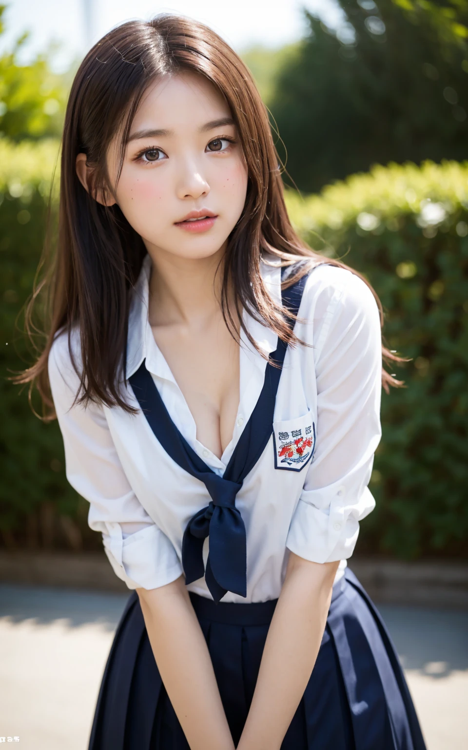 （8k、live-action、Raw photo、highest quality、masterpiece：1.2),(outdoors),((perfect lighting)),(濡れたhair),looking at the viewer,Looking at the front,sexy pose, cute笑顔,18-year-old,student,white skin,knees,small face,前hairを真ん中から分けます、I can see the forehead,skinny,skinny)、masterpiece,highest quality、超A high resolution,one person, solo,close up shot、cute、Return to student,(japanese school uniform:1.3),high school girl,japanese woman,standing,（フォトreal：1.37）、photon mapping,realistic、cutesmall face,brown eyes、prospect、Depth of the bounds written、blurred background、real,(前hairが見える), hair, kneesが見える, thigh,(Nogizaka Idol), actress、big and full breasts、cleavage、Super fine、low person、(Skin with visible pores:1.2)、(focus on face)、7 head and body、Check and correct the skeleton