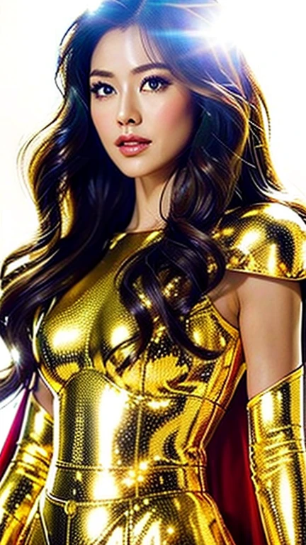 ((hyper realism、surreal、digital art))、Close-up of a woman in gold costume with white cloak, beautiful gold armor, god emperor of mankind, golden armor, Saint Seiya, Gold Paladin, light metal armor, welcome, wearing golden armor, wearing golden armor, golden armor, wearing golden armor, The welcomes of gold, charismatic, standing model，Your whole body shines like a diamond，((cowboy shot))