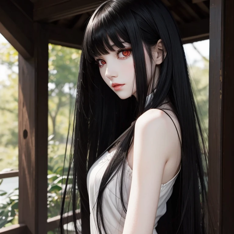 Female, red eyes, long black hair with bangs, pale skin