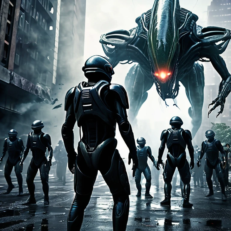 "Creepy and intense alien invasion scene with a dark atmosphere, dramatic lighting, and intense action. Show off powerful alien creatures, advanced technology, destroyed cityscape, panicking civilians, and a feeling of imminent danger. Create a disturbing and exciting image, conveying the chaos and horror of an invasion from the other world.. a group of people in futuristic suits fight with laser weapons, bloody war, The scene is extremely difficult, extremely impressive with intricate details, extremely smooth rendered textures. bright, Harsh light"