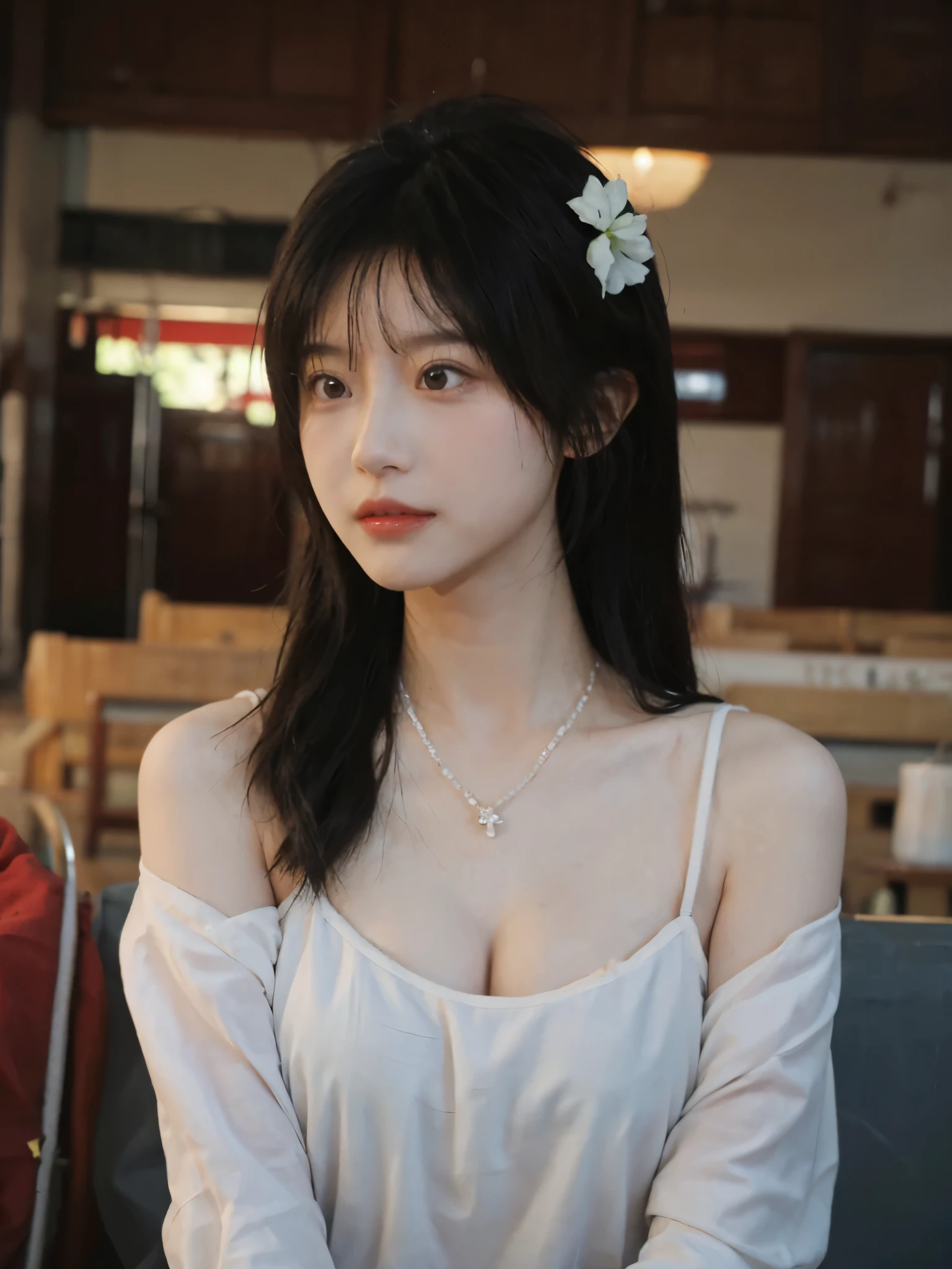 best quality， ultra high resolution， （realistically：1.4），cute hairpin，Baoyu Girl，Standing in the wedding hall，（flat chest：1.2） ，A pair of clear and charming peach blossom eyes,Royal sister，The sun shines on the face，Big wavy hairstyle，（necklace：1.2），（White skin：1.4），a sense of atmosphere，a beautiful girl，Looking directly at the viewer， Close-up cleavage ，(lifelike:1.4),1 girl,Sexy,(Upper body:1.4),(wet),(:1.2)