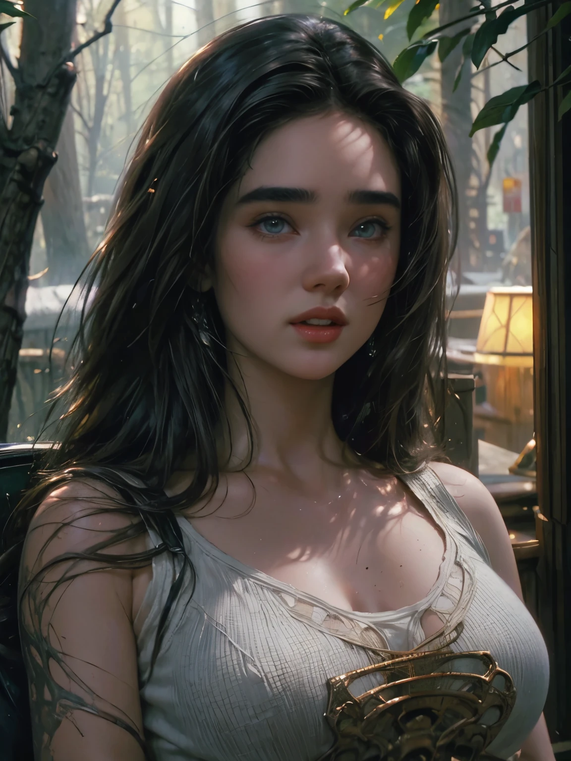 Brunette long hair, young, smile , green eyes, white pale skin, ((Jennifer Connelly)), portrait, showing tits, showing pussy, (Shy), elegant, gorgeous face, forest scenario, High detail RAW colored art,  (detailed skin, skin texture), (muscle), (detailed skin,  skin texture), intricate details, fine details, hyperdetailed, ray tracing, subsurface scattering, diffuse soft lighting, shallow depth of field, by (Oliver Wetter) Atey Ghailan, by Jeremy Mann, Greg Manchess, Antonio Moro, trend at ArtStation, trend at CGSociety, Intricate, High Detail, Sharp focus, dramatic and photorealistic painting art by midjourney and greg rutkowski, bokeh in the background, best quality, masterpiece, only 1girl, Fullbody portrait, natural bright ambient, look at the viewer, nsfw, 18+, outdoor