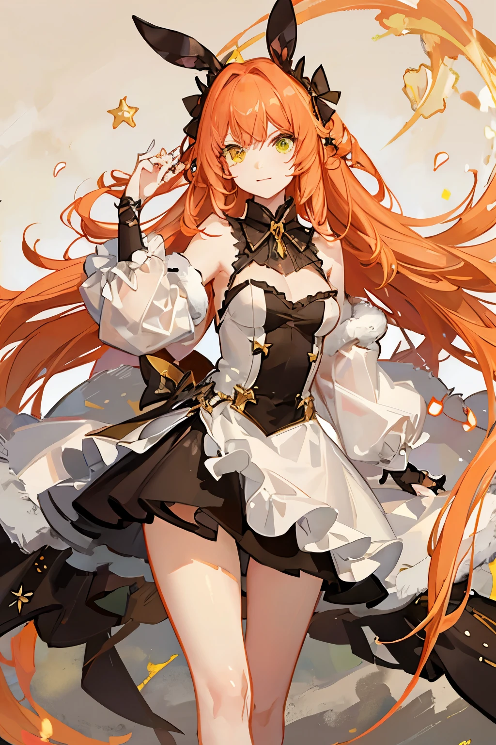 Bunny wind demon, brown fur, cream belly, yellow star makings, channeling wind magic, ginger hair, emerald eyes, bunny ears