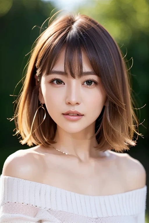 beautiful japanese woman、1 person,Very cute and slim、outstanding style 、((8K image、super high quality))、Very delicate face, Skin and Hair、short hair、straggling hair,(((((gradient hair、blonde))))),Very cute Japanese cut face、Eyes and nose are clearly visible、kind eyes,(((off shoulder sweater、simple background、looking at the viewer)))