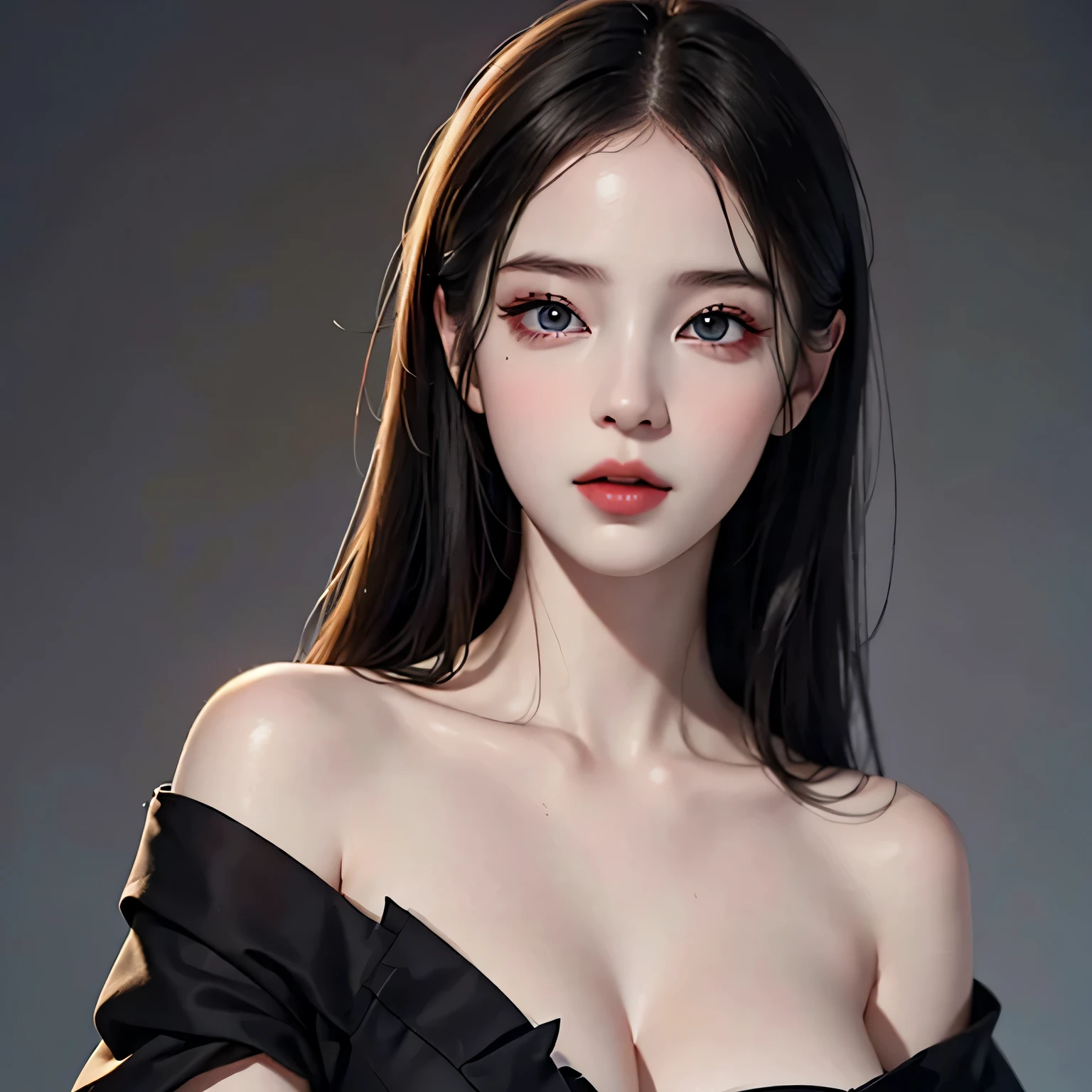 Beautiful girl with realistic black eyes, pale skin, perfect face, perfect eyes, highest quality, masterpiece, ultra high resolution, (realistic:1.4), Raw photo, 1 girl, off shoulder,digital painting, 8K, cinematic lighting, surreal，(((revealing clothes)))，big breasts