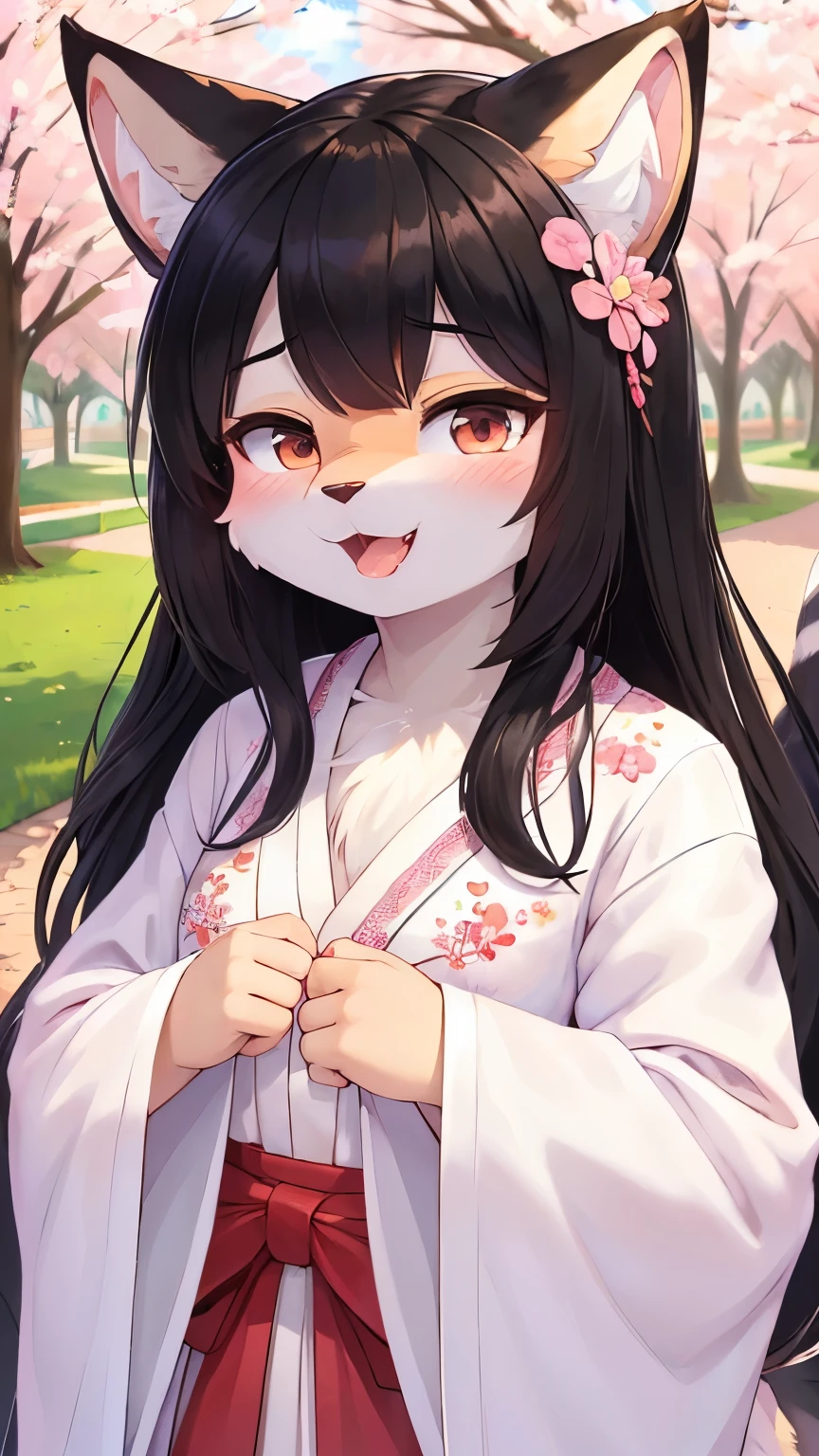 cat girl,hair ornament,glasses,smile,blush,open mouth,looking at viewer,white kimono with floral embroidery,neck fur,sakura garden background,sakura petal in the air,stand,side view