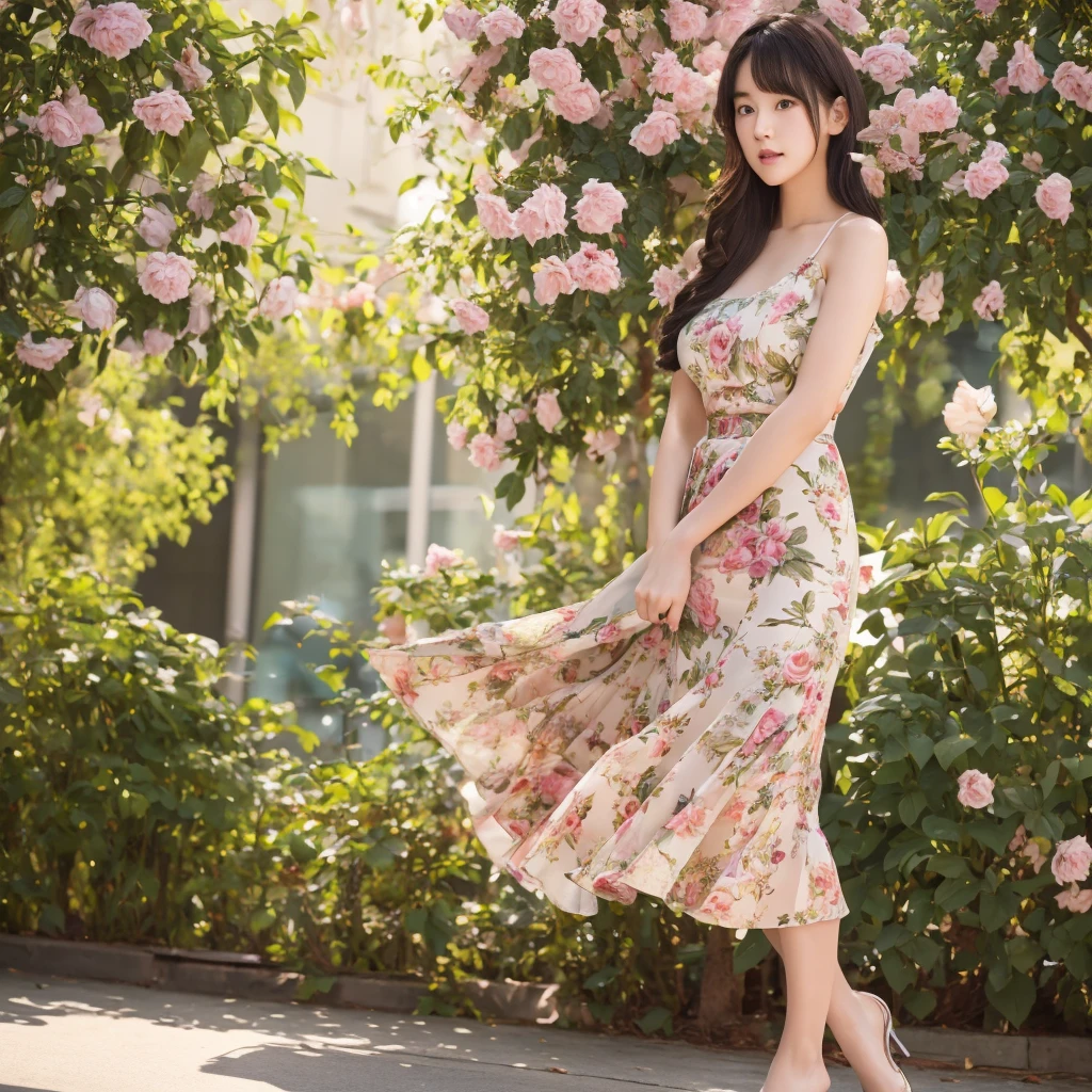 1girl,floral high-neck dress,pencil skirt,best quality,masterpiece,illustration,an extremely delicate and beautiful,CG,unity,8k wallpaper,Amazing,finely detail,masterpiece,official art,extremely detailed CG unity 8k wallpaper,incredibly absurdres,huge filesize,ultra-detailed,highres,extremely detailed,beautiful detailed girl,realistic,full frontal,(half body shot:1.2),(night:1.1),sreet,