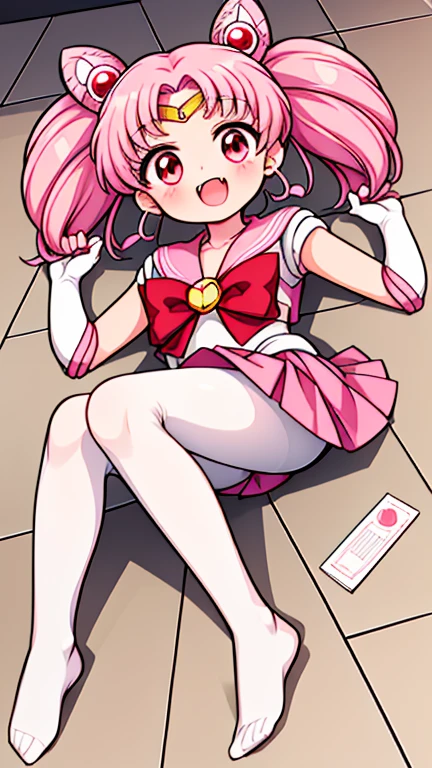 Sailor Moon，childhood，Seven years old，Cute little loli，Pink hair twintails，short hair，Sailor suit，red bow，White elbow gloves，Red Skirt，lying down，no shoes，Open your mouth，laughing out loud，fangs，(white pantyhose),(white pantyhose)