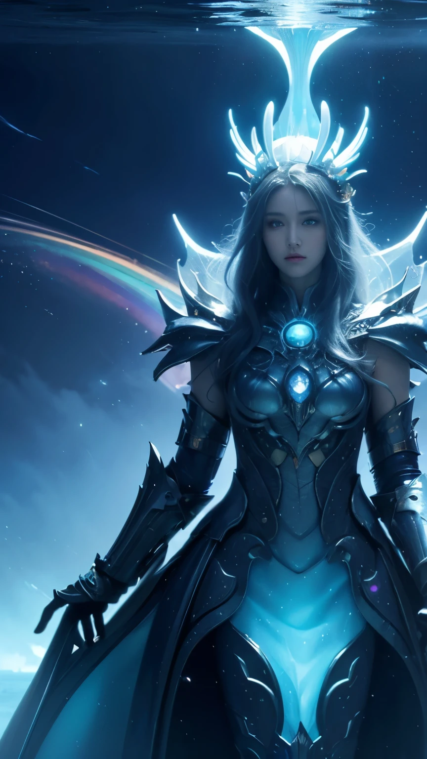 ((need)), ((masterpiece)), (detailed)),translucent、Ethereal Future Ocean Queen，Future city and future wonderland background in the deep sea，mechanical prefix，colorful rainbow，16K,Ultra HD resolution，Simple、Correct structure，surreal dream，Surreal art fantasy style，Epic digital fantasy art style