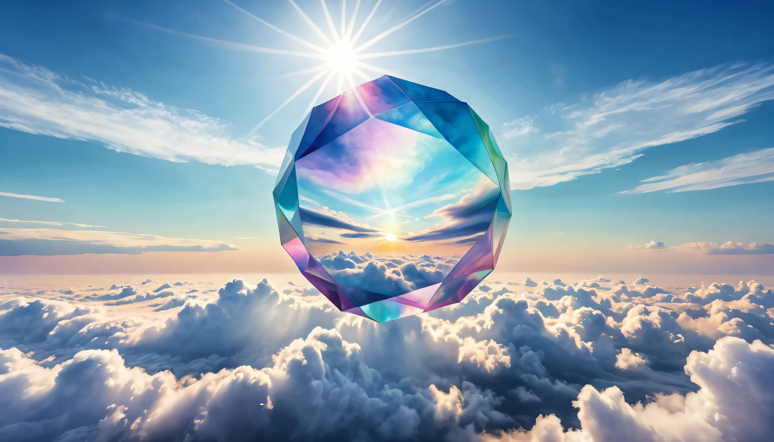 best quality, super fine, 16k, RAW photo, photorealistic, incredibly absurdres, extremely detailed, (complex and translucent giant geometric shape object) floating above the clouds in the sky, mysterious shape, fantasy world image, fantastic and mysterious, sunlight shining through, BREAK , background watercolor drawing art, wet-in-wet, blurred picture style, iridescent fluffy round pastel color image style