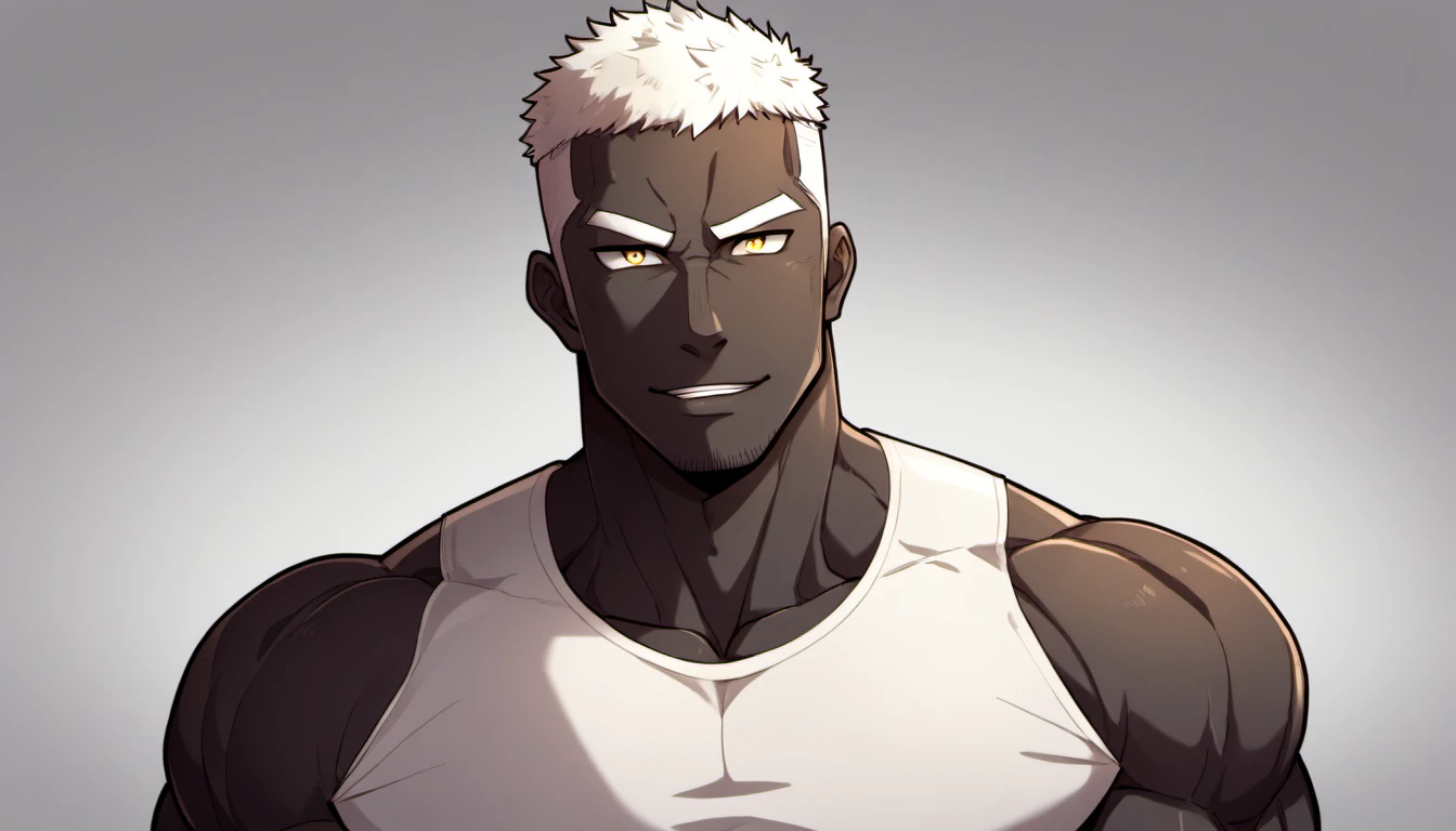 anime characters：Gyee, Fitness coach, Shining black skin, 1 muscular tough guy, Manliness, male focus, Cream White Sleeveless Tight T-Shirt, Very tight, The pectoral muscles are oversized, Slightly transparent, muscular male, muscular, only, Upper body, alone, White short hair, Thick eyebrows, stubble, Yellow eyes, Grey background, simple background, amazing quality, best aesthetics, Ridiculous, bright pupils, crew cut, parted lips, seductive smile, torogao, naughty face, drop shadow, best quality