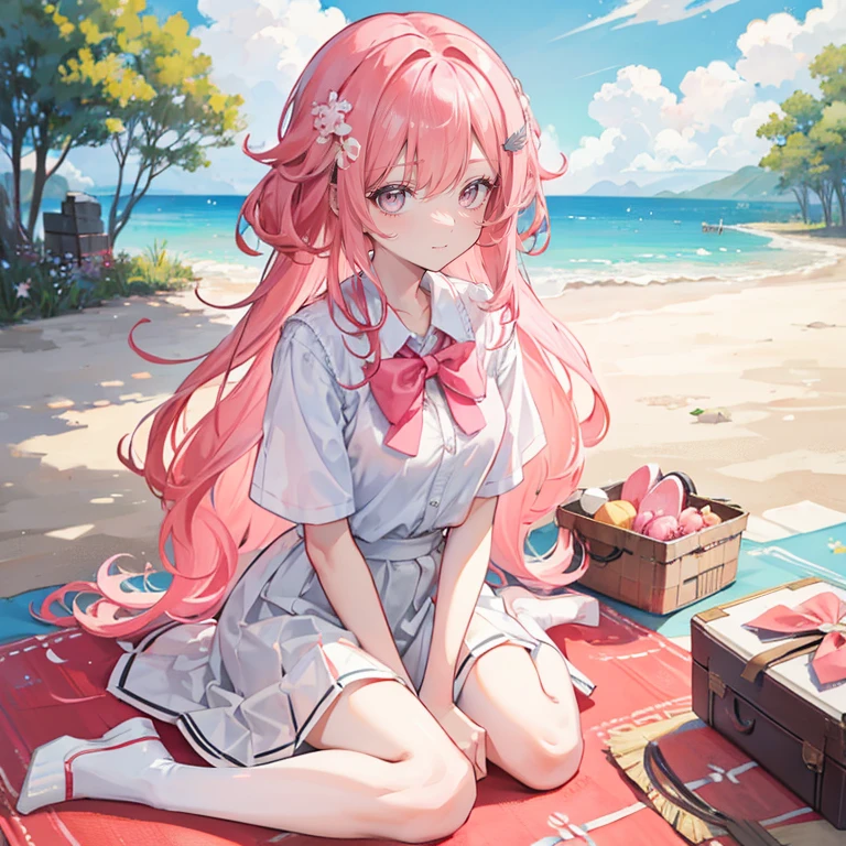 Coral pink hair，long hair，hair over one eye，gray eyes，feather hair ornament，cute，girl，laughing expression，white shirt，skirt，Wear shoes on your feet，Sit on the ground and have a picnic，whole body，Don't show your arms，The background is a lawn，Blue sky and white clouds