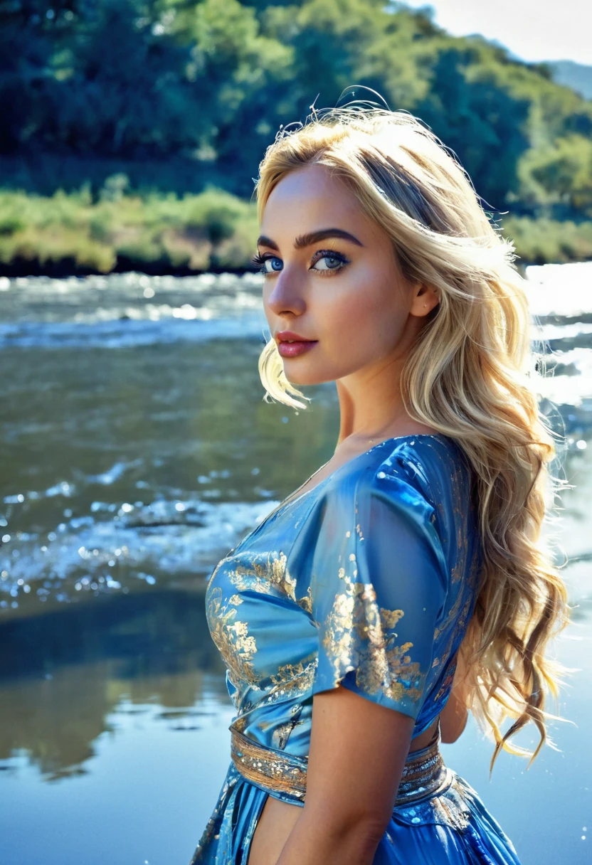 (estilo acuarela, arte espectral) + majestic river with panorama view + traje de vuelta (vista) + (fluir + reflejo sutil) + (mezcla + salpicar) + (luz y sombra claras + dynamic rolling) chica rubia sexy de ojos azules desnuda
