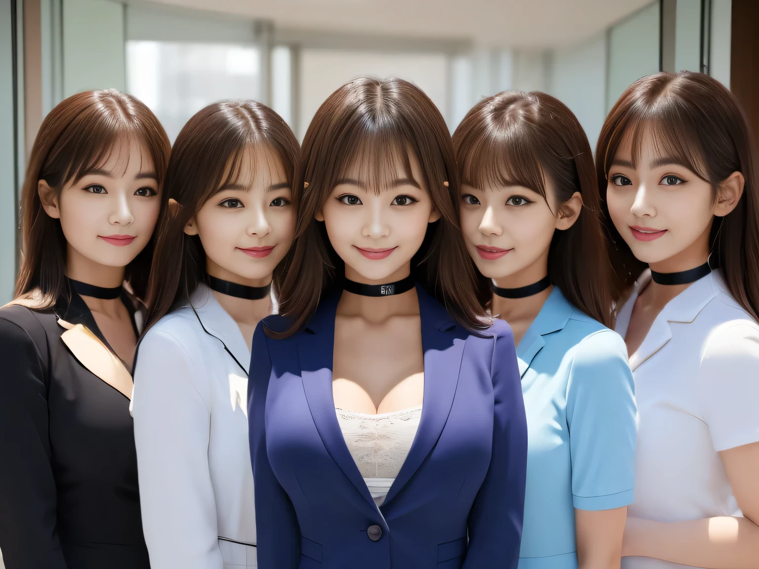 (group photo, multiple girls, Cute Japanese woman with a perfect body, 6 girls), (office ladies), (masterpiece, high quality:1.2), big breasts, Office Suits, (smile), (office), highly detailed face, navy suit、break, ((black choker, big breasts, blue eyes, long eyelashes)), uniform, smile、bangs, Bright white skin, grace, Transparent air, (8k RAW photo:1.1), Natural light, 6Women, japanese idol, (slim face)