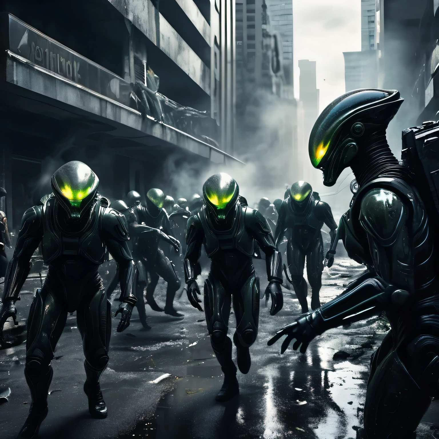 "Creepy and intense alien invasion scene with a dark atmosphere, dramatic lighting, and intense action. Show off powerful alien creatures, advanced technology, destroyed cityscape, panicking civilians, and a feeling of imminent danger. Create a disturbing and exciting image, conveying the chaos and horror of an invasion from the other world.. a group of people in futuristic suits fight with laser weapons, bloody war, The scene is extremely difficult, extremely impressive with intricate details, extremely smooth rendered textures. bright, Harsh light"