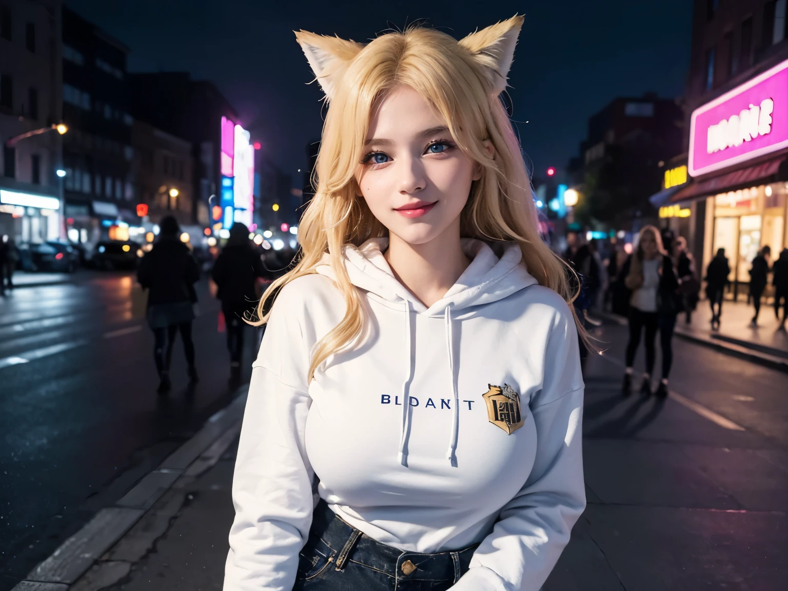 1girl, (Blue Eyes), (smiling :1.2), (Sana Minatozaki), (beautiful makeup :1.2), wide hips, Big tits, big ass, (Best Quality, 8k, Masterpiece: 1.3), Clear Focus: 1.2, Perfect Body Beauty: 1.4, strong abs, Highly detailed face and skin texture, detailed eyes, double eyelids, (blond long straight hair :1.2), (white hoodie), (black jeans), fox ears, standing, upper part of the body, looking at the camera, in a city at night, buildings illuminated by signs in the background