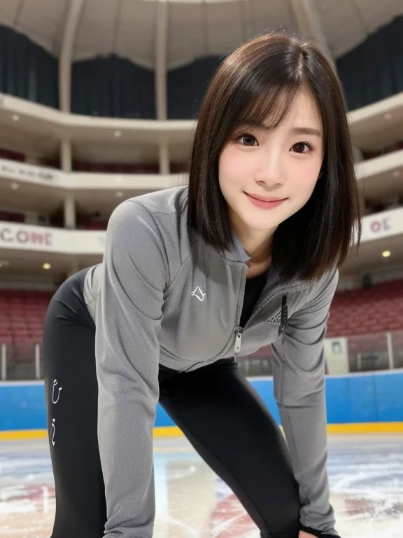 (kawaii 24 year-old Japanese girl, Nogizaka idol, Korean idol), healthy female figure skater, athletic body, (glossy black hair, messy very short hair, messy pixie cut, symmetric hair length, even length hair edges:1.3), (bangs), (extra rounded face, black eyes, single eyelid, no makeup, soft smiling:1.2), (wearing grey long sleeved half zipped training jacket, mat black spandex sports leggings:1.3), (flat chest, extra small breasts, thick thighs:0.8), (looking at viewer:1.2), BREAK, (ice skate arena background:1.3), (angle from below, view from diagonally forward, close shot, leaning forward and holding one's knees by both arms:1.3), BREAK, (masterpiece, best quality, photo realistic, official art:1.4), (UHD, 8K quality wallpaper, high resolution, raw photo, golden ratio:1.2), (shiny skin), professional lighting, physically based rendering, award winning, (perfect anatomy, highly detailed skin, extremely detailed face and eyes), Carl Zeiss 300 mm F/2.8, depth of field, 1girl, solo,