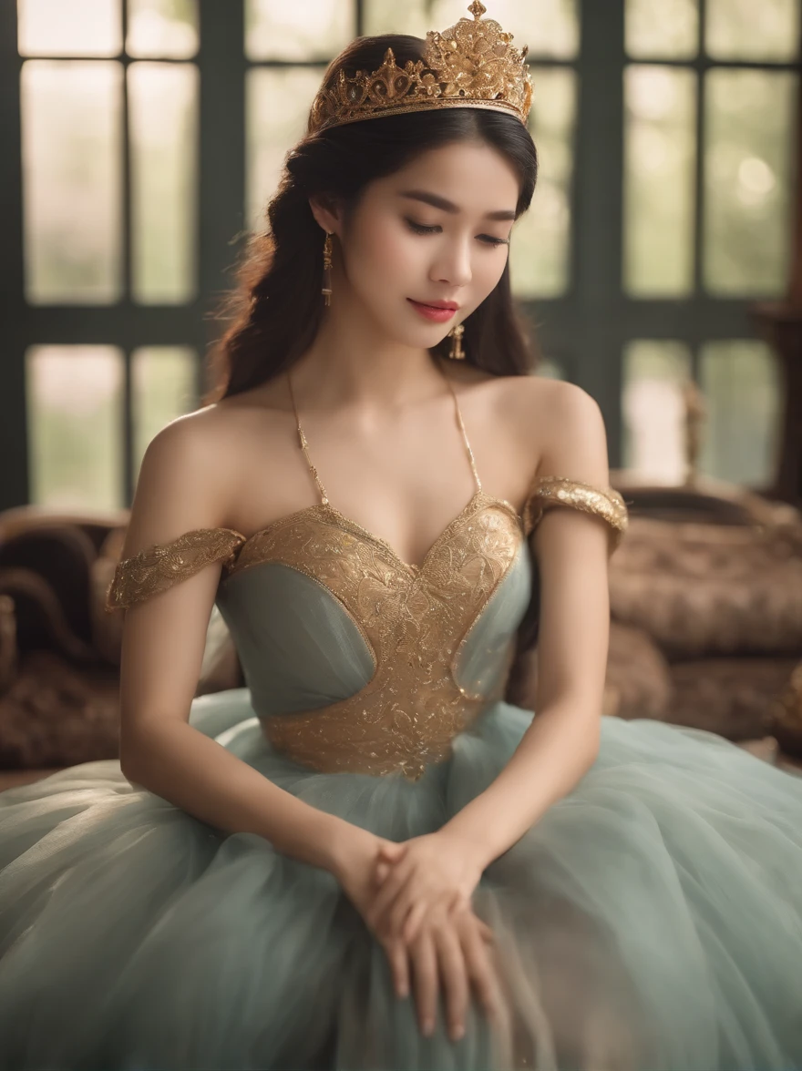 Beautiful 16-year-old princess sitting on a lotus flower,Wear a delicate gold crown.,Beautiful Thai Girl,Squeeze the flower stem with one hand.,The other palm is facing outwards.,Light brown dress,Barefoot on both feet.,Like hibiscus in water.,The corners of the mouth are slightly inverted.,Look at the camera with a gentle expression.,Spectacular and noble costume,8k wallpapers,Amazing cleavage,master-piece, Revered Goddesses,A beautiful dream world,