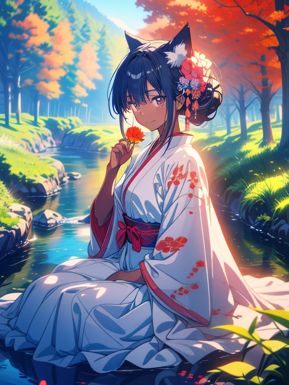 anime landscape, anime / manga, anime nature wallpaper, anime landscape wallpaper, trees and flowers, anime scenery, dream scenery art, anime wallaper, anime background, beautiful anime art, makoto shinkai and (cain kuga), detailed anime art, 4k hd, beautiful art uhd 4 k, a beautiful artwork illustration, beautiful digital painting, highly detailed digital painting, beautiful digital artwork, detailed painting 4k, very detailed digital painting, rich picturesque colors, gorgeous digital painting, dark-skinned kitsune holding flower, near river, smiling, warm light