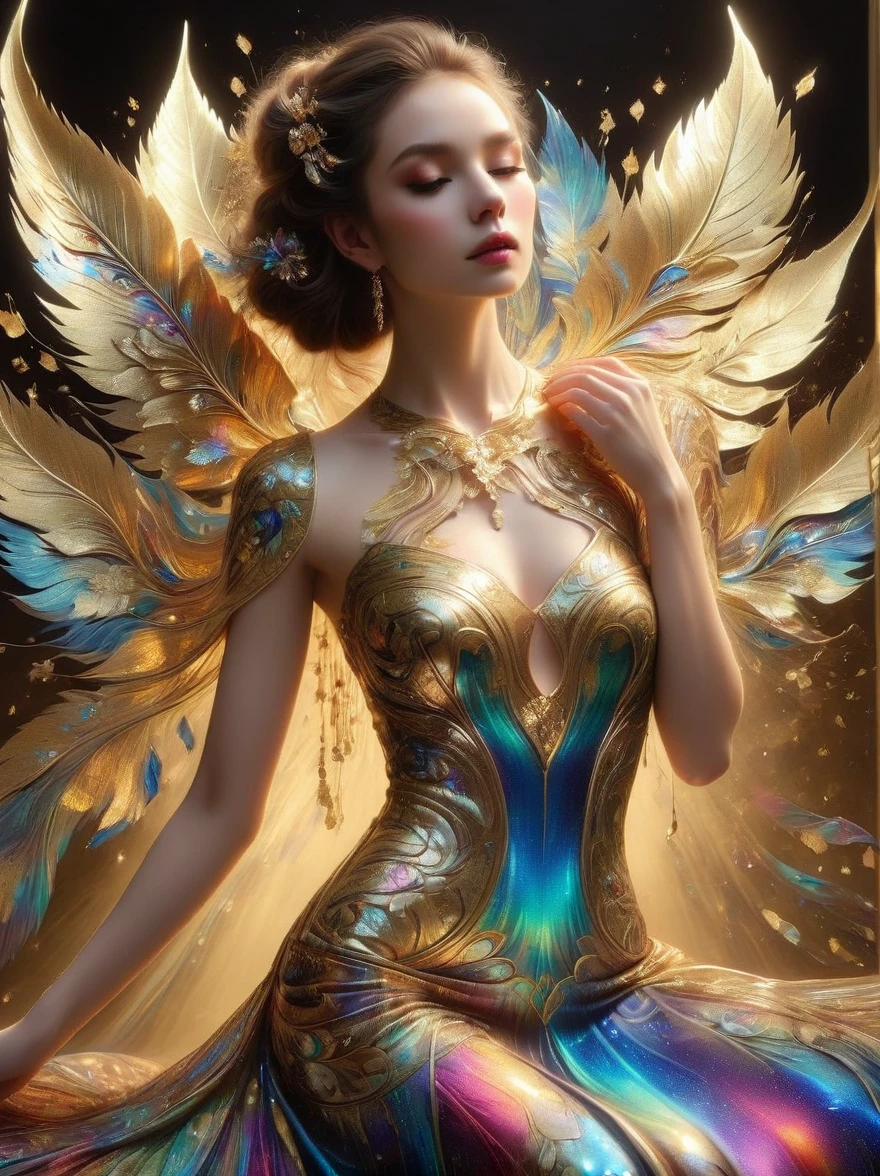 (Gold Leaf Art:1.5), A photo of an exquisite dress,Its design is influenced by the art of glass gilded with bright colors and rich patterns.,This dress has a spectrum of golden luster,The richness of the cathedral windows、Deep metallic gold tone,This creative fusion of fashion and art,A kaleidoscope of metallic gold colors flowing across the fabric,Gives a feeling of shining light through the gold foil,The dress was worn by a different group of models,Each model emphasizes the beauty and uniqueness of the dress。
