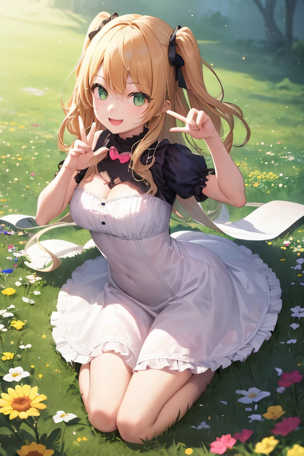top-quality、8K Masterpiece、Draw the face in detail、1 ish girl、Lolita costume、Full body、kawaii pose、professional lighting、Happy expression、Shiny hair、perfect anatomy、In a green meadow