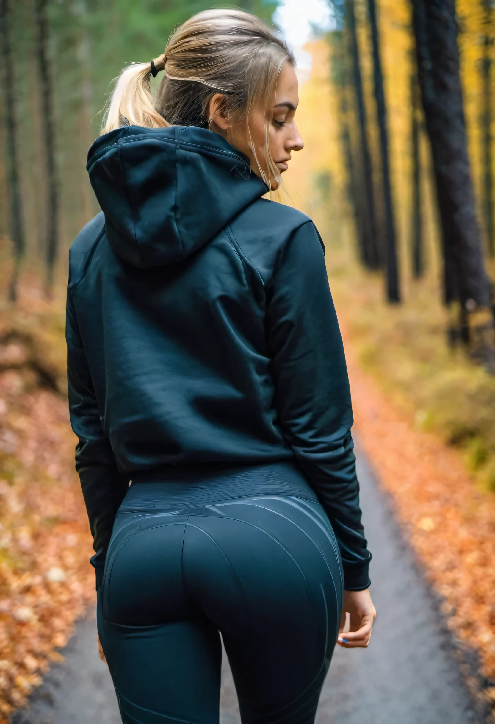 Chica (rubia tetona) vistiendo leggings negros ajustados y una sudadera con capucha negra, pelo de cola de caballo, de pie on on road in the forest, no mostrar la cara, gran culo, Focused on the whole body from behind., de pie, mirando frente a ella