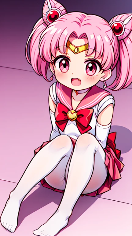Sailor Moon,childhood,Seven years old,Cute little ,Pink hair twintails,short hair,Sailor suit,red bow,White elbow gloves,Red Skirt,lying down,no shoes,Open your mouth,laughing out loud,fangs,(white pantyhose),(white pantyhose),(Short Legs),(short legs)