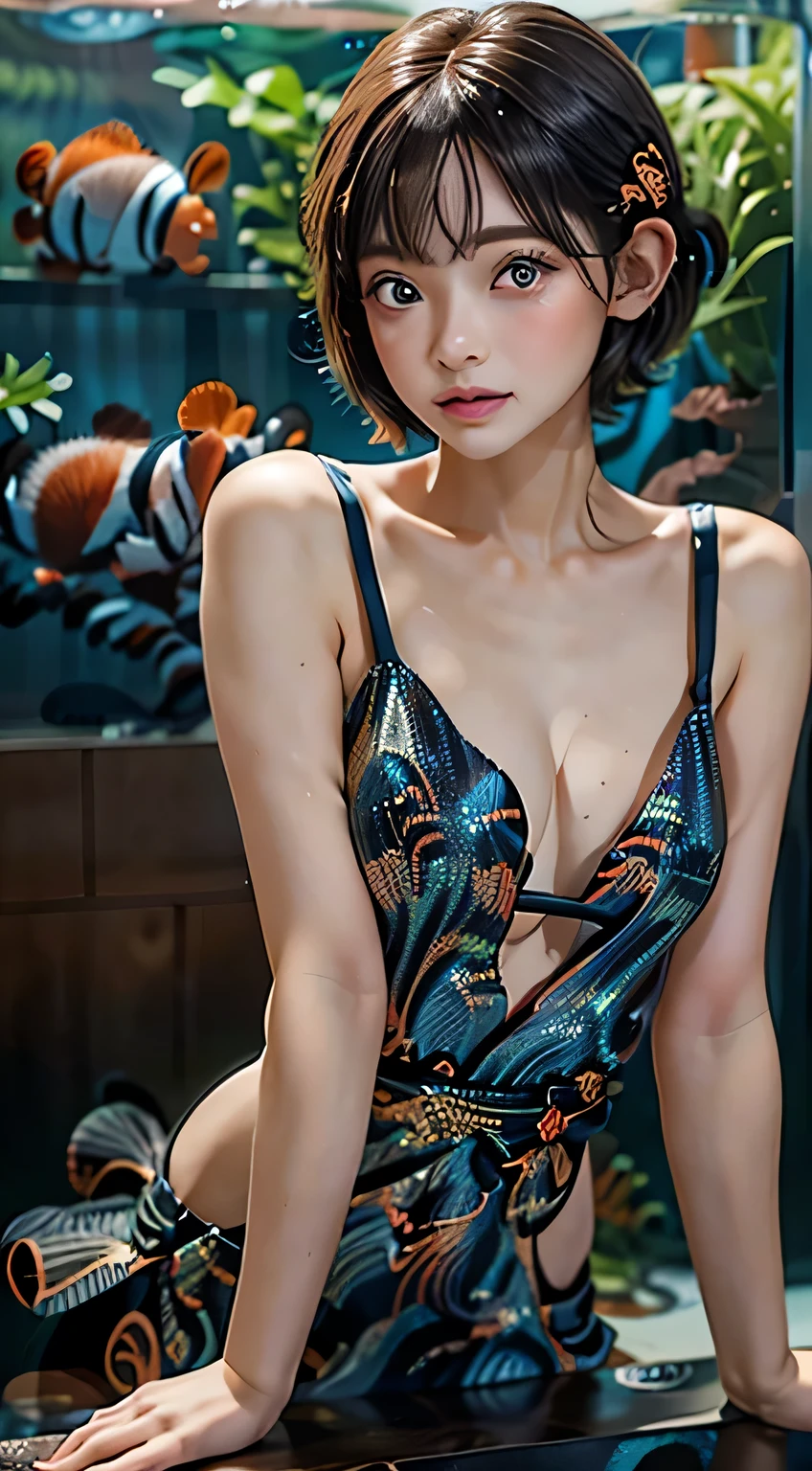 (((20 year old female)))、((aquarium))、masterpiece, 1 beautiful girl, (((very_short_hair))), eye details, eye swelling, best image quality, 超A high resolution, (realistic: 1.4), original photo, 1 girl, movie lighting, Japanese, very beautif, beautiful skin, (Super realistic), (High resolution), (8k), (very detailed), (best illustrations), (beautiful detailed eyes), (super detailed), detailed face, look at the camera, look straight ahead, Dress neatly, shorth hair、A dark-haired、46 point diagonal front hair、((aquarium))、Plenty of fish、(((Clownfish)))、