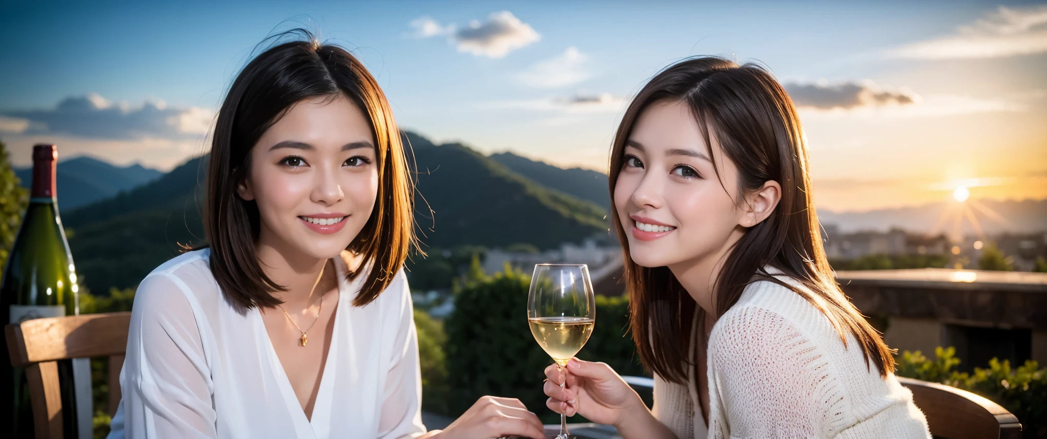 ((highest quality、8K、masterpiece:1.3))、Beautiful woman perfect body:1.4、slimなボディ、((Bob Hale、straight hair:1.2))、 ultra high resolution, bright image、2. The beauty of wine, beautiful face, blue eyes, fine eyes, light shines on your face, blush your nose, short hair,Spectacular view of the sunset sky and clouds、Amazing mountain views、ニコニコ明るいsmile、smileの素敵な女性、bright face、Fox face、lady、Champagne、Wine bottle、wine glass、red wine 、Appetizer、Italian food、Two beauties、brown hair、shortcut、long sleeve shirt、winter fashion、dress、Wine bottle、sparkling wine、Pretty Woman 1, (slimな顔), (brown hair), (shortcut), cheeks turn a little red, (42 years old), 39 years old, charming beauty、restaurant, nova frog style, actress, model, Upper body, White wine, slim, wine glass, 真ん中に置かれたwine glass, smile, (smile: 1.15), 綺麗なfine eyes, Strong light and shadow,moist body:1.5、delicate eyes、brown hair、The hair is very shiny、