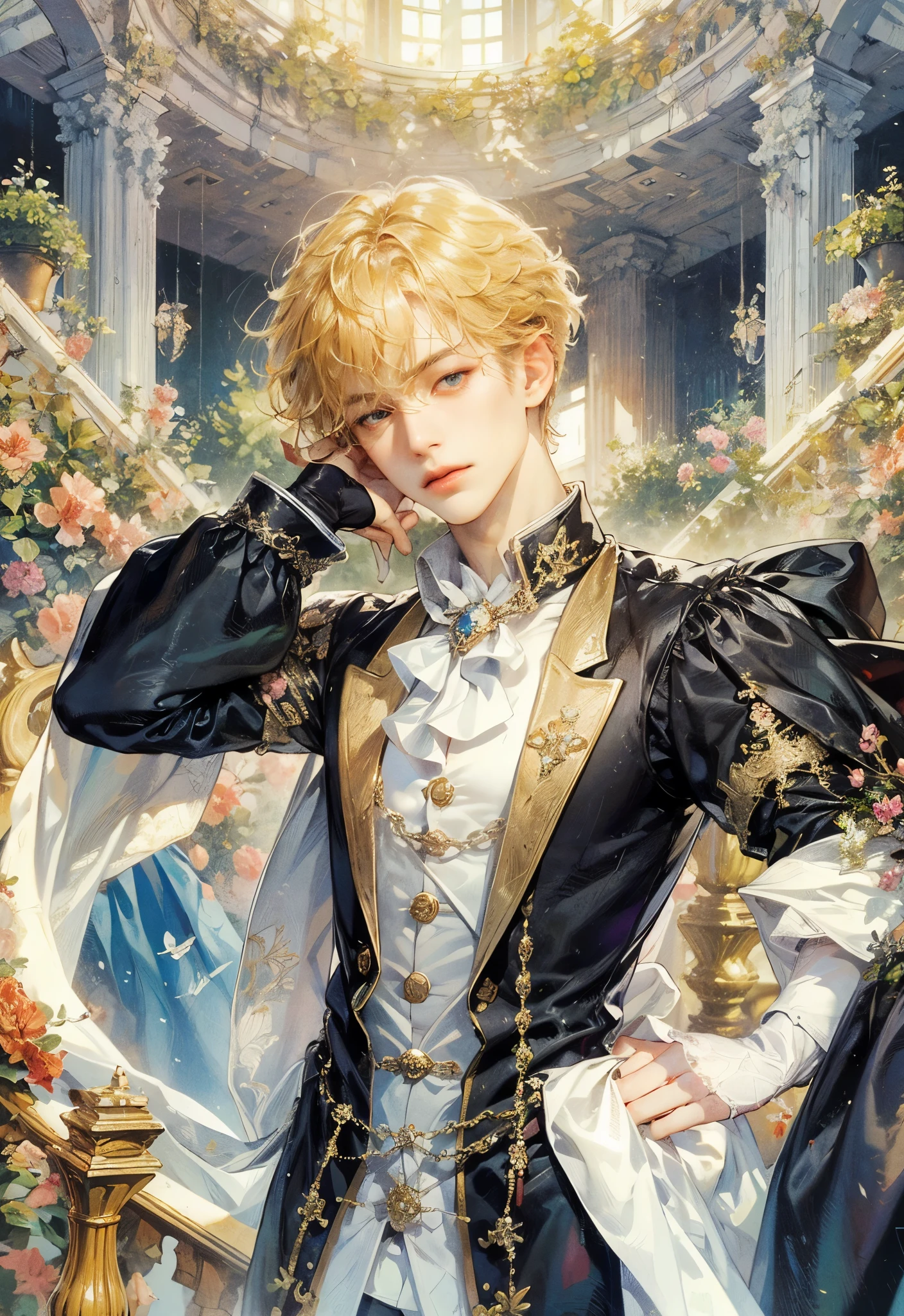 (masterpiece, top quality, best quality, official art, beautiful and aesthetic:1.2), boy, handsome, extreme detailed faces, (fractal art:1.3), colorful, highest detailed, (perfect face), shiny skin, HDR, cantarella, extremely detailed dress, detailed background 