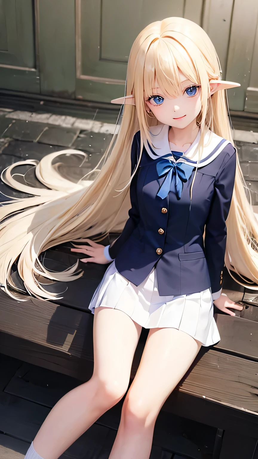 very cute girl、()、light yellow hair、long straight hair、Bangs are too close to the eye、Light Blue Eye、(normal ears)、thin arms、Beautiful body、slim legs、large, well-shaped breasts,、clear white skin、smile、(school uniform、uniform white and blue)、Rose Garden、Super high quality、digital single lens reflex、sit on top