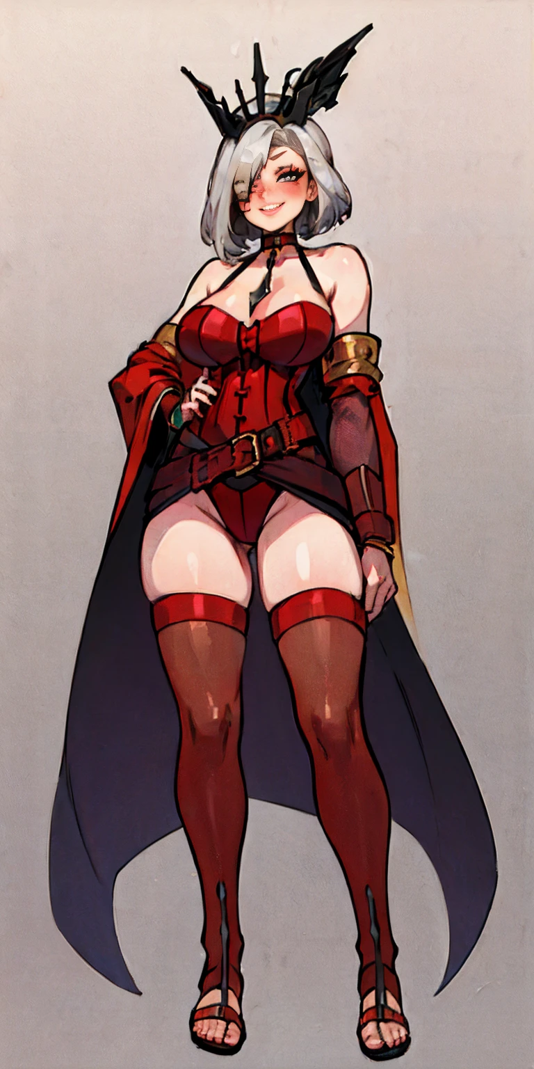 ((BLACK BACKGROUND,1:2, masterpiece)), full body MILF BIMBO standing with two long thighs and two metal sandals, red eyes, silver white hair, short bob style hair, big breasts, cleavage, separate sleeves, tiara royal, long cape up to two feet, yellow bikini, hands on waist, navel, lustful smirking smiling, smile face (red blushed, red cheeks), metal shoulders, gold sleeveless armbands, black leather choker slave collar, shackle bracelets, sex slave red crest, pauldrons, breastplate, corset, eye focus, full body, whole body. 1solo . slave fighter, loincloth standing, hands on hips, metal sandals, backpack, choker, big belt, view from below, feet together, bracers, tiara)