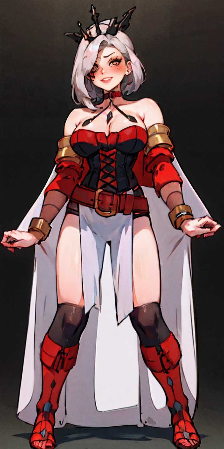 ((BLACK BACKGROUND,1:2, masterpiece)), full body MILF BIMBO standing with two long thighs and two metal sandals, red eyes, silver white hair, short bob style hair, big breasts, cleavage, separate sleeves, tiara royal, long cape up to two feet, yellow bikini, hands on waist, navel, lustful smirking smiling, smile face (red blushed, red cheeks), metal shoulders, gold sleeveless armbands, black leather choker slave collar, shackle bracelets, sex slave red crest, pauldrons, breastplate, corset, eye focus, full body, whole body. 1solo . slave fighter, loincloth standing, hands on hips, metal sandals, backpack, choker, big belt, view from below, feet together, bracers, tiara)