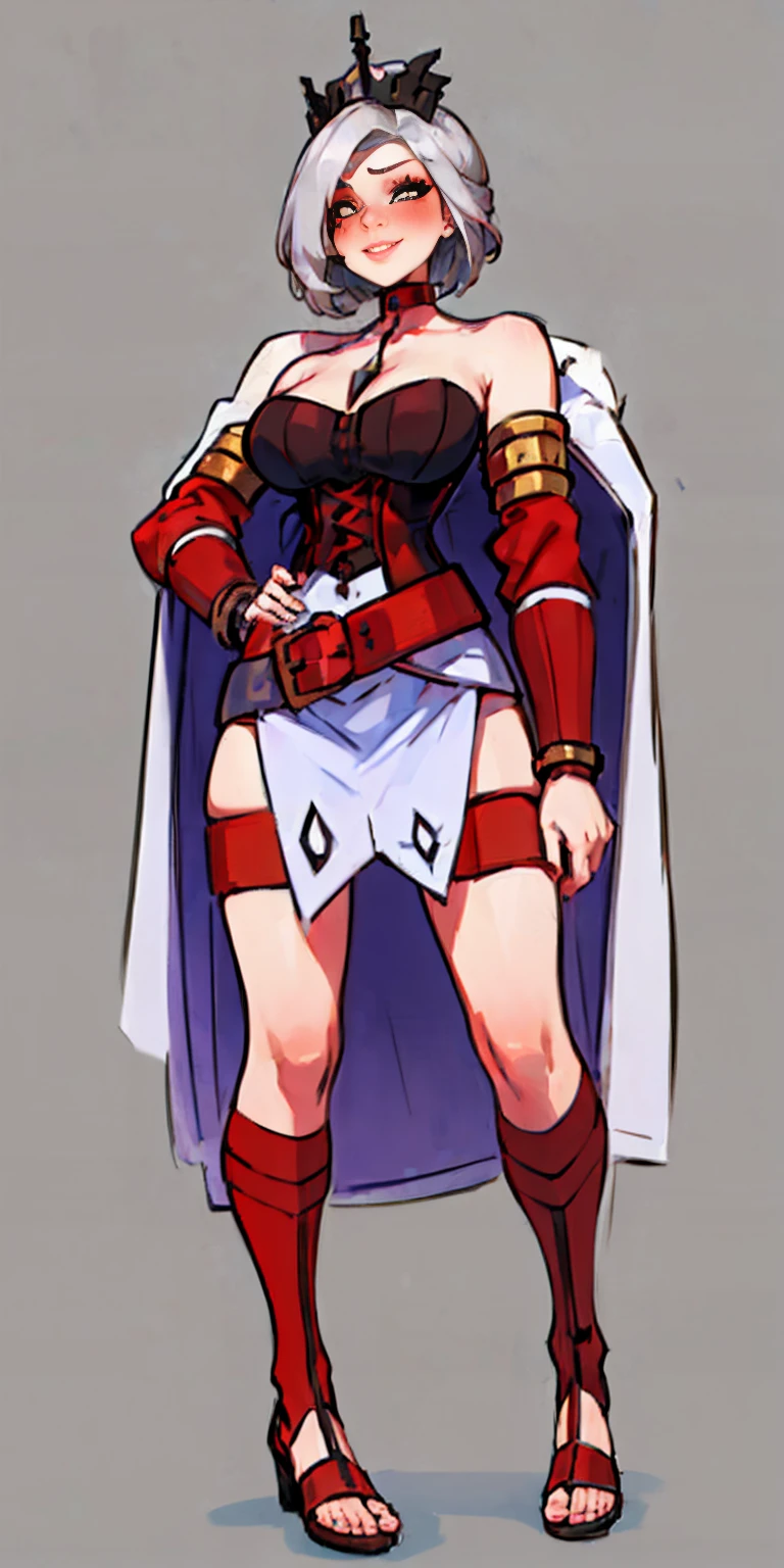 ((BLACK BACKGROUND,1:2, masterpiece)), full body MILF BIMBO standing with two long thighs and two metal sandals, red eyes, silver white hair, short bob style hair, big breasts, cleavage, separate sleeves, tiara royal, long cape up to two feet, yellow bikini, hands on waist, navel, lustful smirking smiling, smile face (red blushed, red cheeks), metal shoulders, gold sleeveless armbands, black leather choker slave collar, shackle bracelets, sex slave red crest, pauldrons, breastplate, corset, eye focus, full body, whole body. 1solo . slave fighter, loincloth standing, hands on hips, metal sandals, backpack, choker, big belt, view from below, feet together, bracers, tiara)