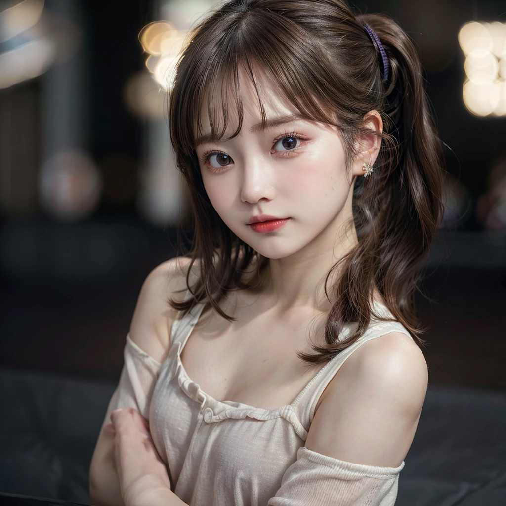 (4K, Best Quality, Highres:1.1), (Realistic, Photo-Realistic:1), Flat-chested Asuka, (cute:1.8), cuties, solo, (Flat-chested:1.2), Detailed Eyes, Brown Eyes, Innocent Eyes, Blush, Casual Clothes, Masterpieces, Beautiful Lights, Movie Lights, Movie Particles, Jewelry, Heart-shaped Earrings, Bangs, Cherry Lips, Looking at the Audience, Upper body, lips apart, ponytail, side ponytail, both sides facing up, depth of field, background blur, eye focus, bokeh, 85mm lens, f/1.4, professional lighting, photon mapping, radiosity, physically based rendering, high detail, masterpiece,