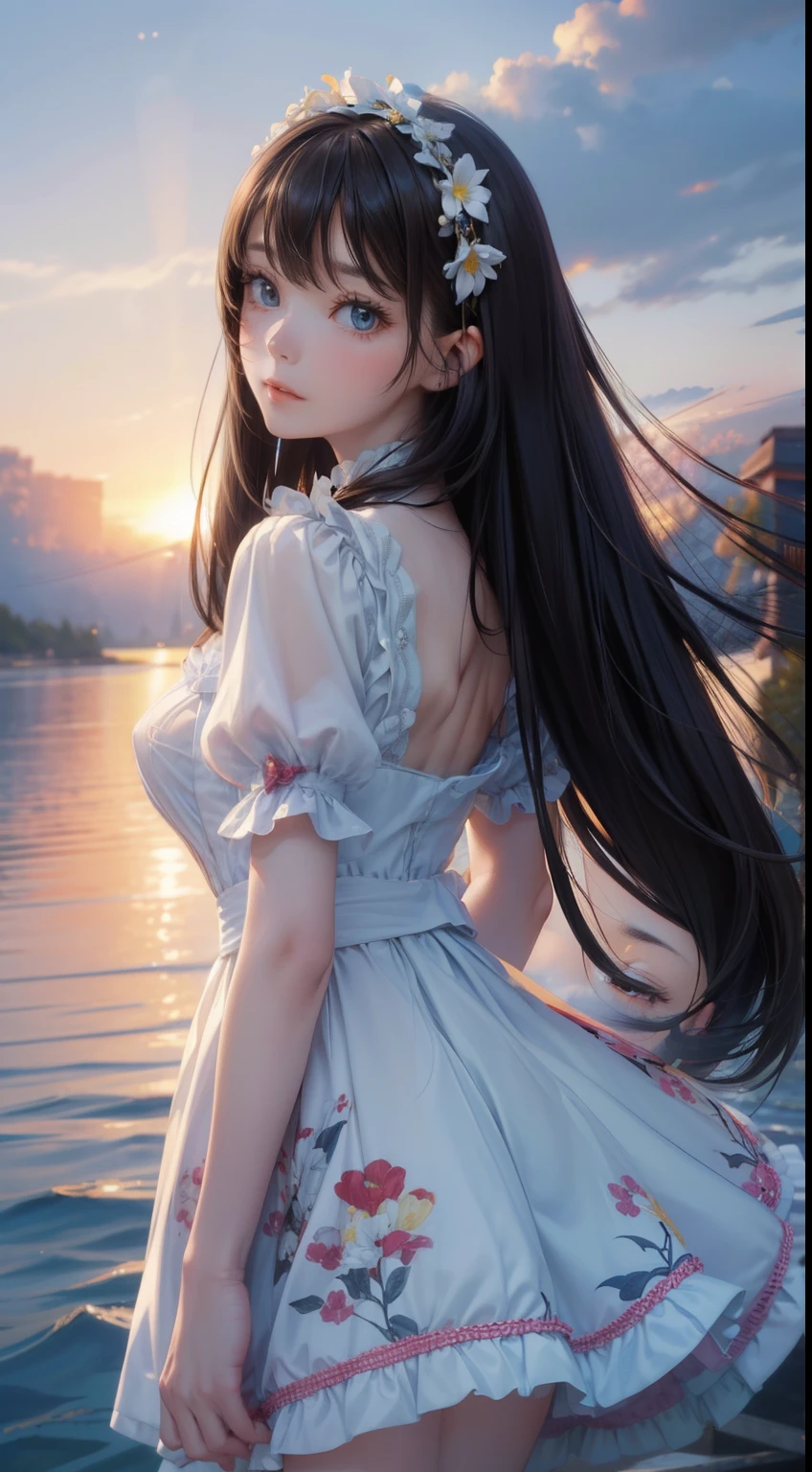 1 girl,(very detailed肌),bent,,beautiful胸,big breasts,pale skin,pointed chest,erect nipples,(fantasy art,best image quality,surrealist portrait,(8K),Super realistic,最high quality, high quality, High resolution, high quality texture,high detail,beautiful,be familiar with,Very detailed CG,be familiar withテクスチャー,realistic facial expression,masterpiece,sense of presence,dynamic,bold),super thin hair),(Very soft hair),(Ultra Straight Hair:1.5),流した長いbangs,hair above one eye.black hair、bangs、facing forward、looking at the viewer、Two-dimensional beautiful girl、(masterpiece:1.2), 最high quality,cozy anime,
窓の近くに立っているとてもかわいくてbeautiful女の子,(Floral blue summer dress with detailed ruffles),No sleeve,Fine lace,(skirt lift,white panties), (very detailedbeautiful顔),beach,wooden floating cottage,,(smile),blush,looking at the viewer,black hair,up hair, (最high quality,masterpiece:1.2),disorganized,High resolution,Super detailed,very detailed,32k,8K resolution, intricate details,movie scene,detailed background,alone,dynamic angle, Natural light,particles of light,beautiful詳細な空,perfect hands,