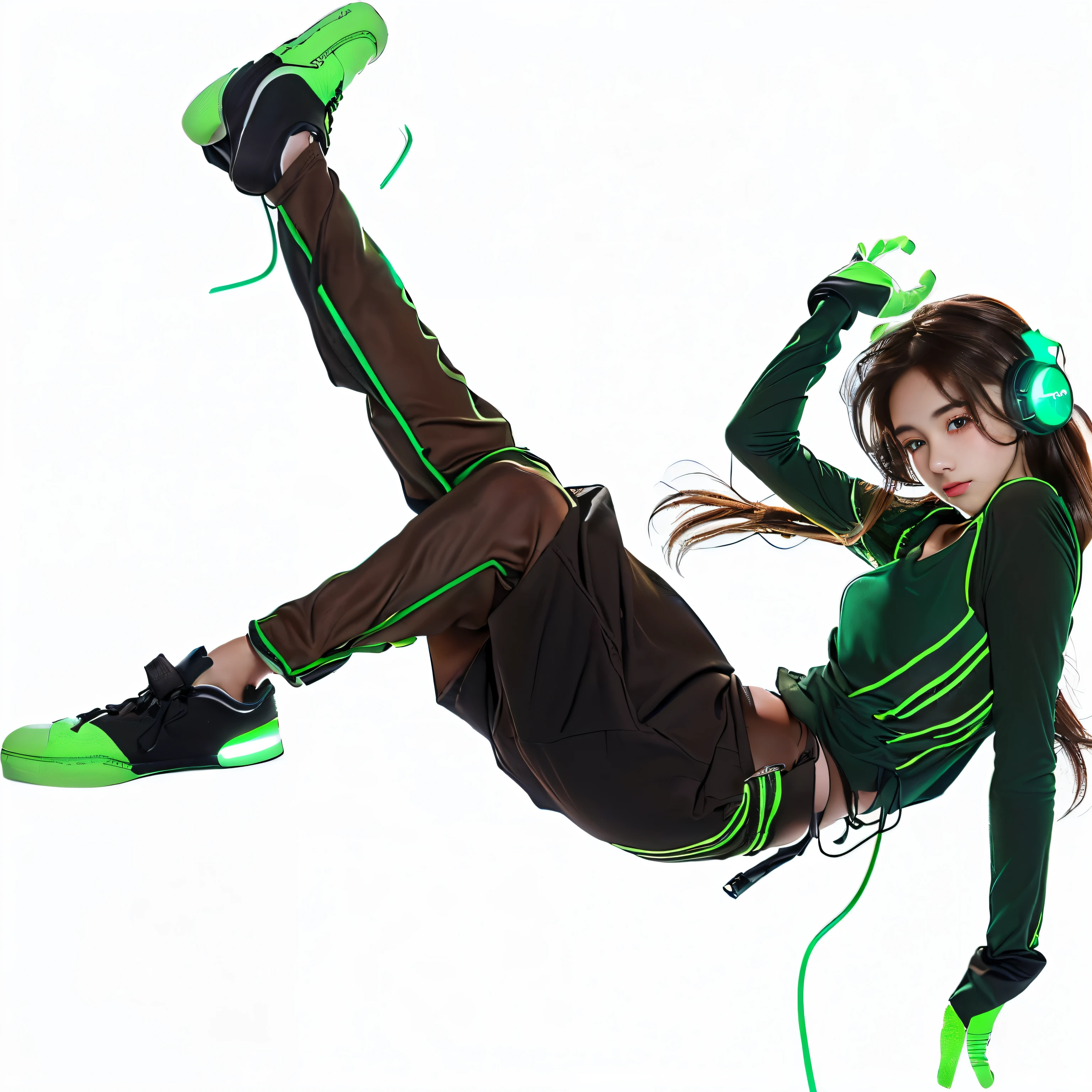 beautiful, (Best Illustration), 8K resolution, intricate details, best quality, actual, Super detailed, best lighting, best shade, ultra high definition, ((((beautiful young girl))), ((teenager :1.5)), (Glowing brown eyes), (glowing eyes), ((((long brown hair: 1.1))), ((Black clothes)), ( ((White skin)),wearing headphones,Green shoes,Green gloves