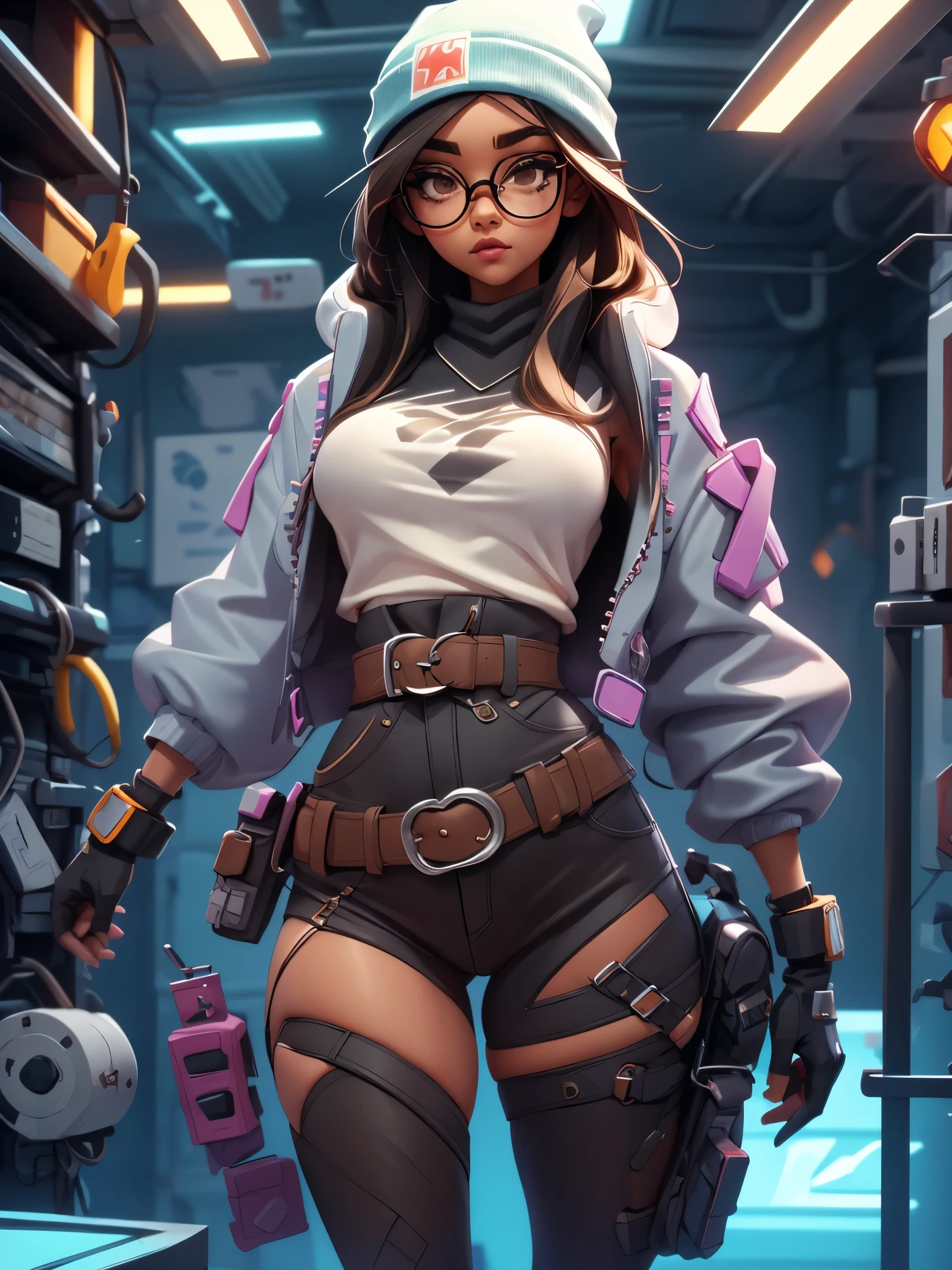 beanie,belt,big breasts,cybernetics,g-string,glasses,high tagia,jacket,micro bikini,revealing clothes,skimpy,visible breasts