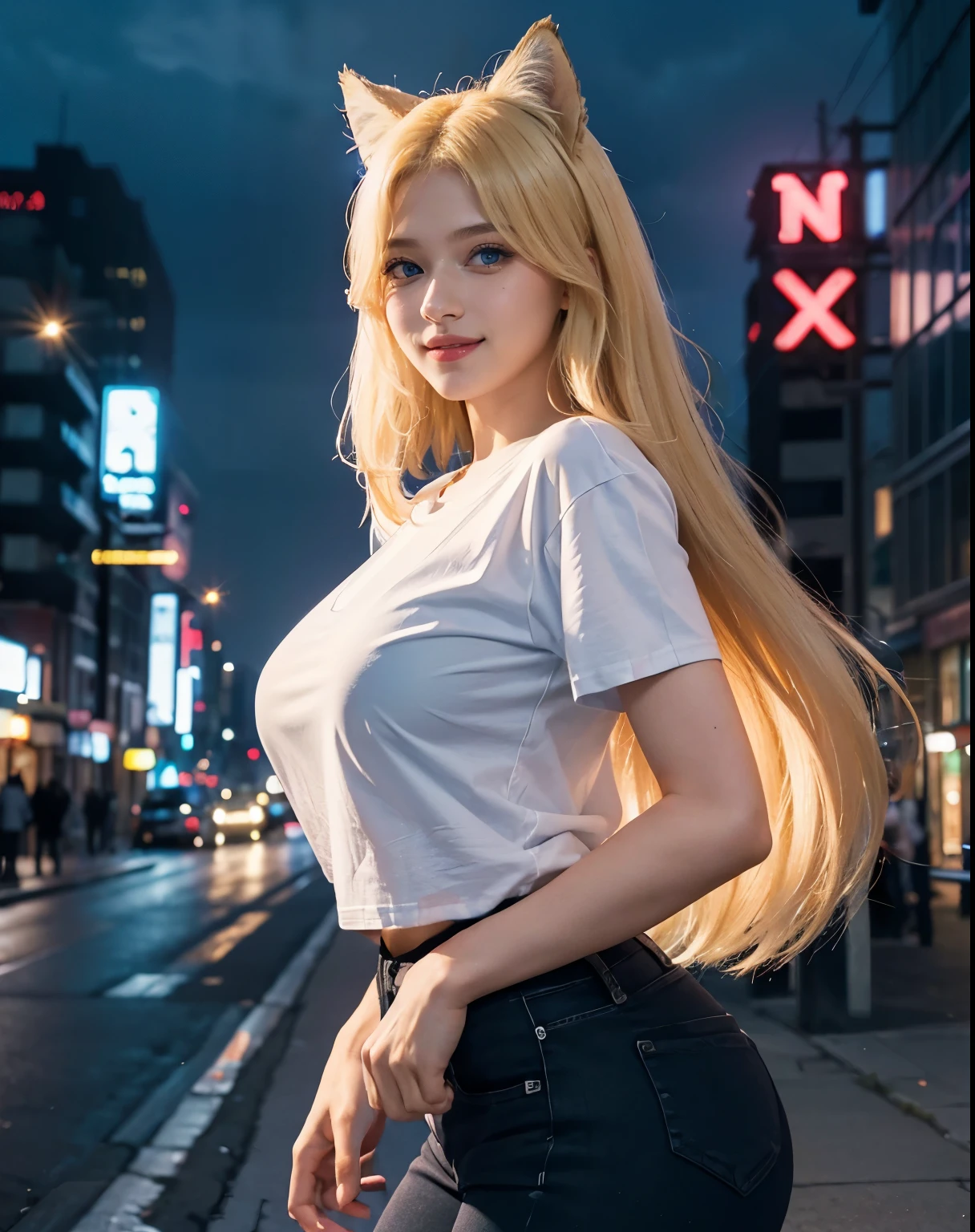 1girl, (ojos azules), (They are smiling :1.2), (En nombre de Minaj), caderas anchas, tetas grandes, grande, (La mejor calidad, 8k, Obra maestra: 1.3), Manos perfectas, Enfoque claro: 1.2, Belleza corporal perfecta: 1.4 , abdominales delgados: 1.2, Highly Detailed Face and Skin Texture, ojos detallados, 双眼皮, (pelo largo rubio con flequillo :1.3), (Camiseta negra y jeans), Standing in the Akihabara neighborhood at night illuminated by many billboards in Japan