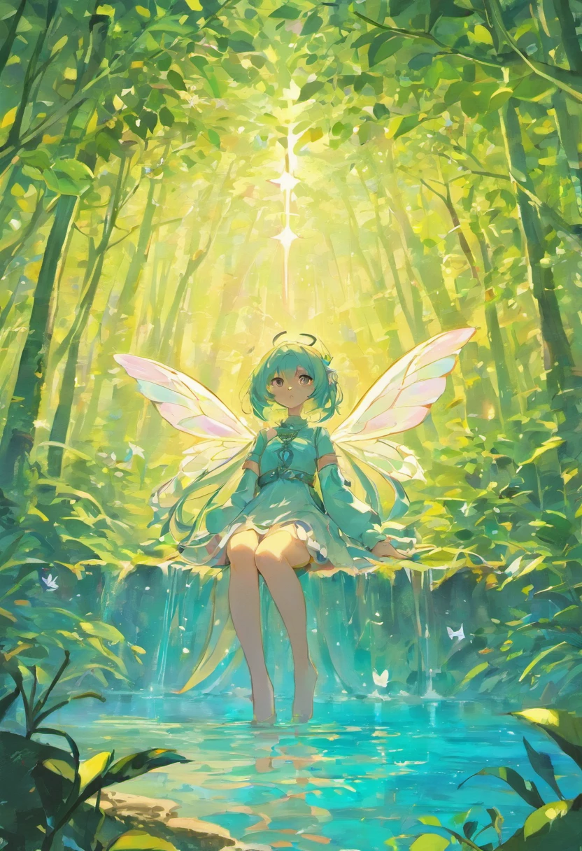 "Craft an enchanting scene of a hidden oasis, where a network of interwoven streams glows with a soft pink hue, reflecting the intricate patterns of sunlight filtering through the canopy above. Delicate butterfly wings, adorned with shimmering scales, flutter around blossoming cherry trees, while the water's surface sparkles with the iridescence of countless tiny crystals."
