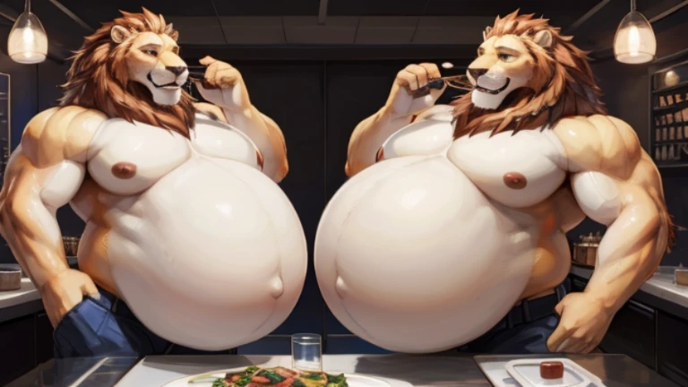 Leodore Lionheart,conjoined twins,two headed,lion,restaurant,extremely muscle,huge balloon belly,obesity,bare belly,glutton,eating,prominent and huge breasts,nipples,Top view,sexy,in the kitchen,((extremely pregnant)),((extremely fat)),The abdomen more prominent,belly with huge bulges,vore,Superconvex,man inside the belly,belly with small bulges around,el shading, masterpiece ,(best quality), hi res,(etreme detailed illustration), (detailed CG), (by null-ghost)