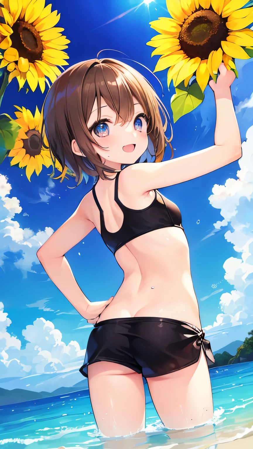 Highest image quality,１人のgirl,brown hair,short hair,shiny hair,black eye,Shining eyes,smile,double teeth,(sunburn,brown skin,Swimsuit back),sunflower,stream,water play,Wet with water,Tank top,shorts,girl,small,small breasts,