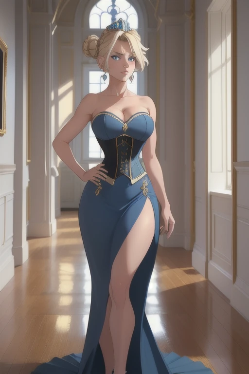 1girl, solo, masterpiece best quality, 26 year old Scandinavian woman, Short blonde hair, bun-like hairstyle, bright blue eyes, large breasts, dark blue strapless dress, corset, cleavage, bare shoulders, diamond tiara, white stash, full body shot, (Background: Indoors, hallways, interior of a royal palace)
