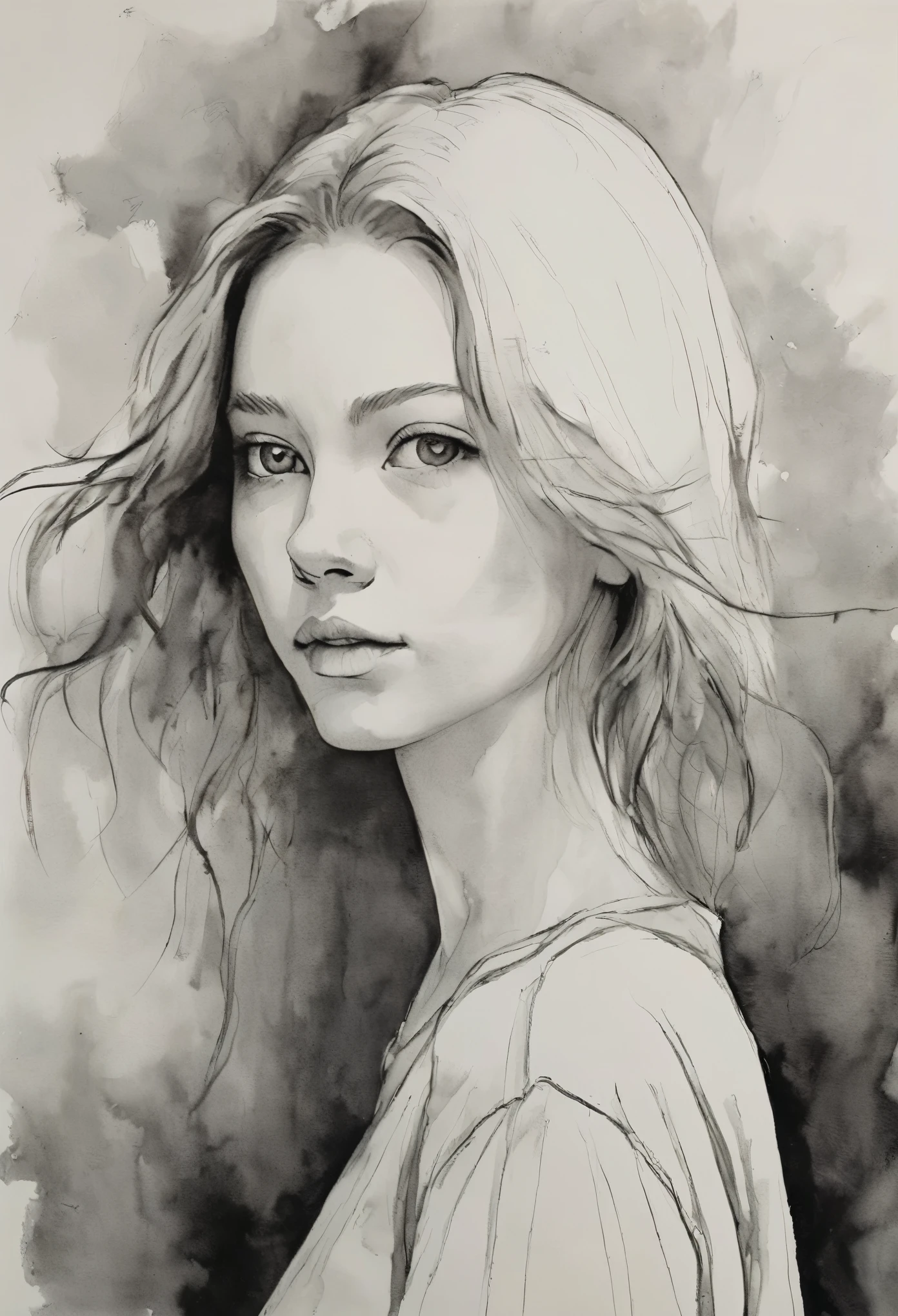 (highest quality, High resolution, masterpiece:1.2), Super detailed, actual:1.37, Black ink sketch, smooth lines, Expressive facial expressions and gestures, simple background, Emphasis on light and shadow and spatial perception, Plenty of negative space, young girl.Ink Portrait,smooth lines,Expressive facial features,Subtle emotions,Ink strength comparison,simple background,Emphasis on light and shadow,wide々It was,Plenty of negative space,peaceful atmosphere,peaceful atmosphere,feels like a dream,Delicate yet fascinating details,pastel colour,Calm and introspective,An elegant gesture,Gentle movements,Calm and innocent,Elegant Whisper,quiet and elegant,shining,sublime beauty,Vector illustration,black and white,Natural and Organic,Nourish、Calming the mind,Sublime simplicity,fantastic charm.