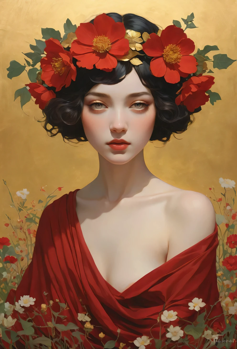a painting of a woman with a flower crown on her head, flower goddess, woman in flowers, she has a crown of flowers, a goddess in a field of flowers, covered with flowers, mucha klimt and tom bagshaw, girl in flowers, persephone in spring, flower queen, goddess of spring, jinyoung shin art, female portrait with flowers, RAW photo of (adult:1.3),a female burst of tangy crimson cascades,entwining magic and technology with viscous allure disappears into the shadows,in a neo-expressionist masterpiece of gold embrace,topless,small breasts,hair between eyes,(skinny, thin body:0.4),(chiaroscuro:1.3),(octane render masterpiece,masterpiece scale,beautiful depth of field,ultra wide field,ultra detailed CG perspective,ultra dynamic lighting amazing shadows,dramatic lighting), Convey the sense of inner strength and confidence. Introduce a gentle, atmospheric haze in the environment, creating a soft diffusion of light and giving the impression of gold aura and presence.