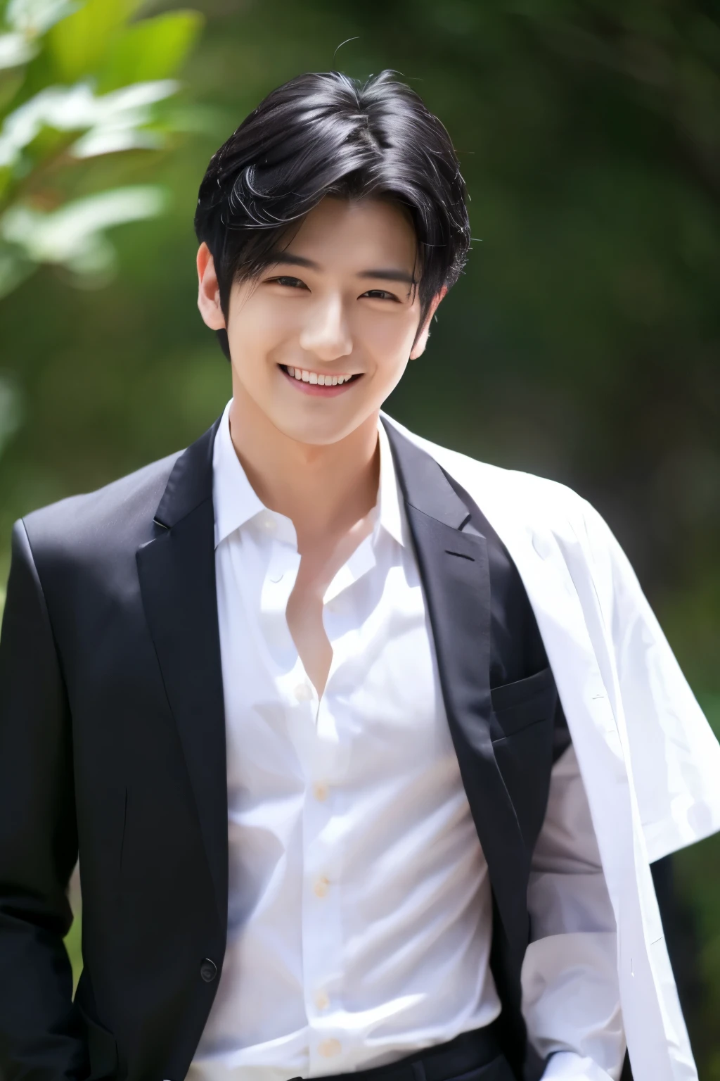 healthy、Handsome guy、nature、suit jacket、white t-shirt、black pants、Japanese、black hair、short hair、smiling